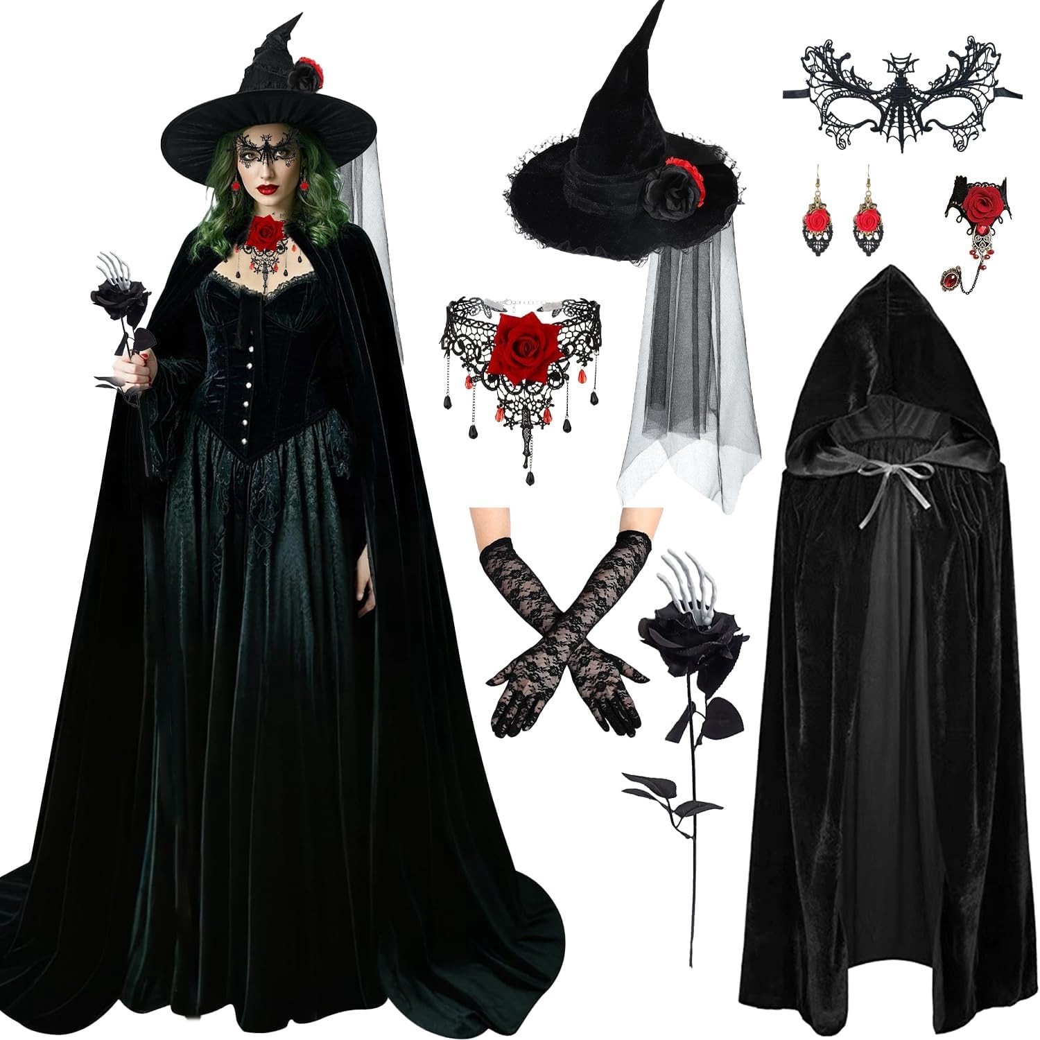 Dames Halloween Tovenaarskostuum met Zwarte Cape, Hoed, Kantmasker, Ketting en Handschoenen voor Feest en Carnaval