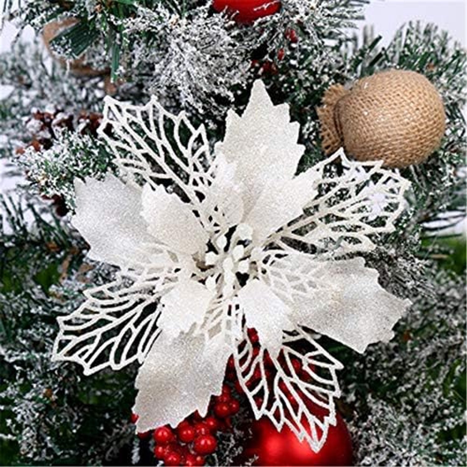 Kunstbloemen, kerstboomdecoratie, kerstboom, bloem, decoratie, kerstdecoratie, ornamenten (wit)