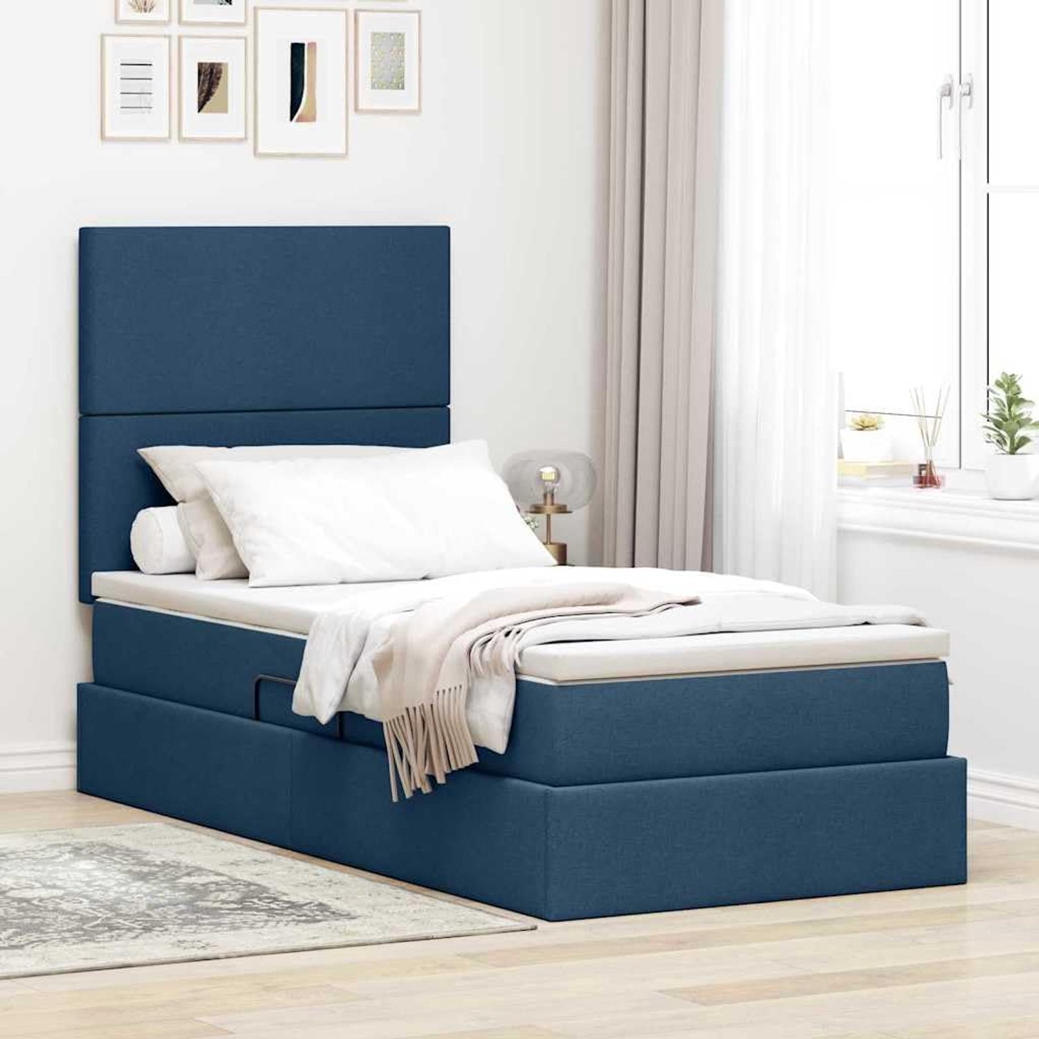 Leren opbergbed met hydraulisch hefmechanisme zijopen 100x200 cm Blauw