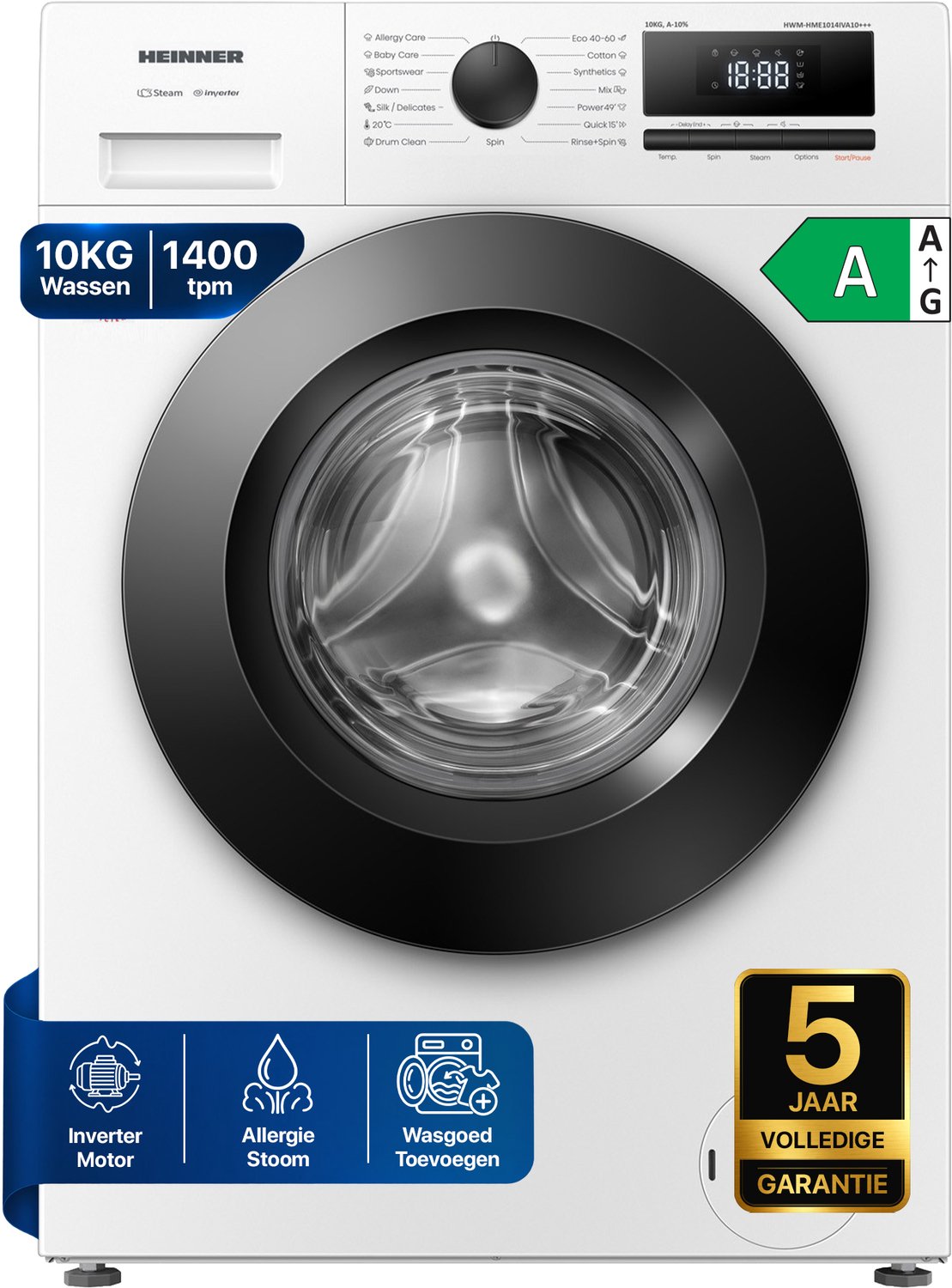 Heinner HWM-HME1014IVA10+++ Wasmachine - 10 kg - 1400 tpm - Energieklasse A-10% - Stoomfunctie met Allergy Care & Baby Care - 15 Programma’s - Quick Wash 15 min - Inverter Motor - Wit - 5 Jaar Garantie