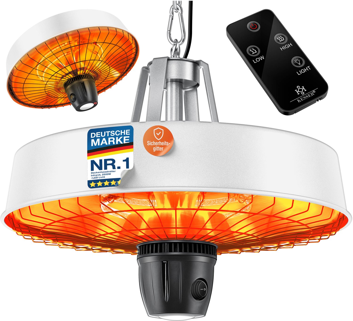 KESSER® Terrasverwarmer met afstandsbediening kwartsstraler | plafondstraler infraroodstraler 2500W | LED-licht | plafondstraler | infraroodstraler | met ketting + karabijnhaak koolstof verwarmingselement - Wit