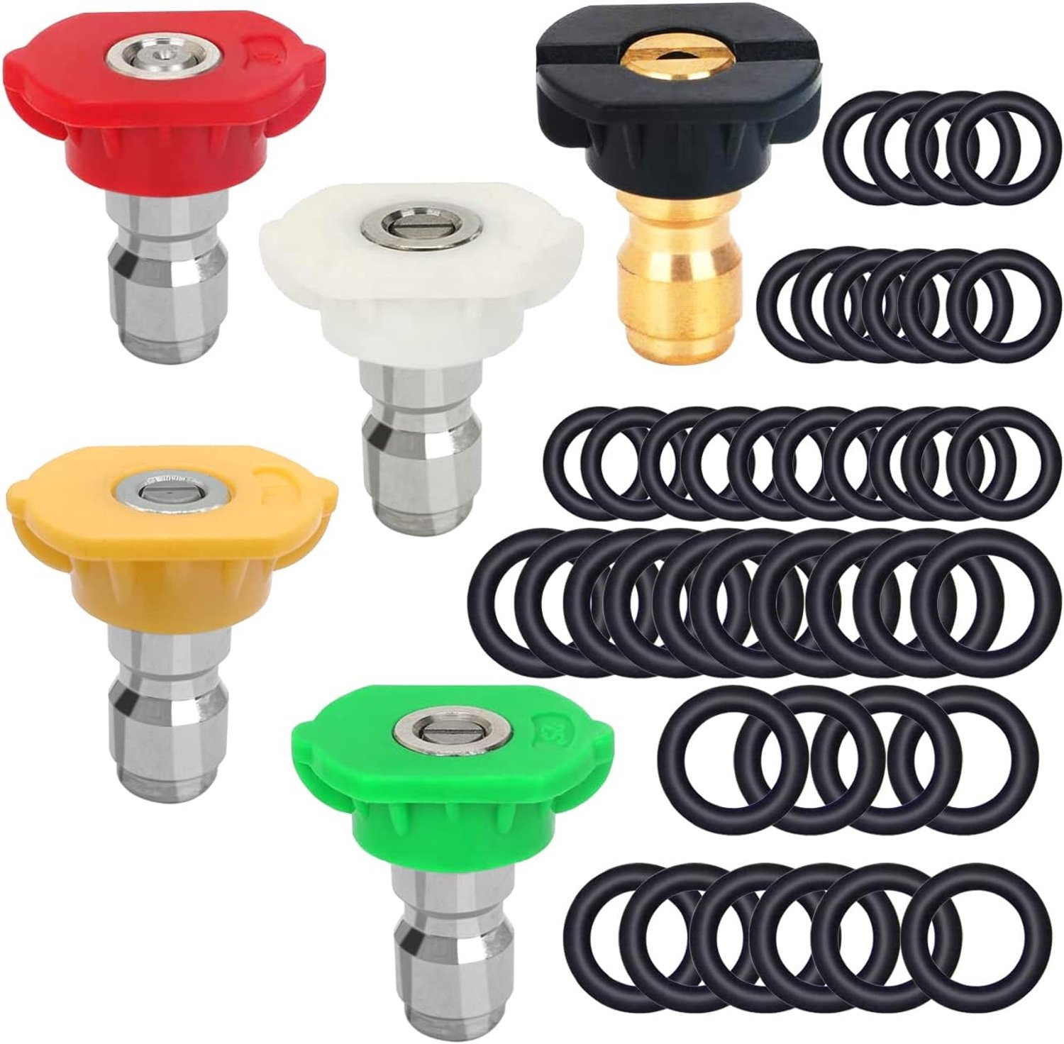 5 stuks hogedrukreiniger sproeikoppen + 40 stuks O-ringen vervanging voor 1/4" en 3/8", 5 graden sproeiers 1/4 inch - Homevero