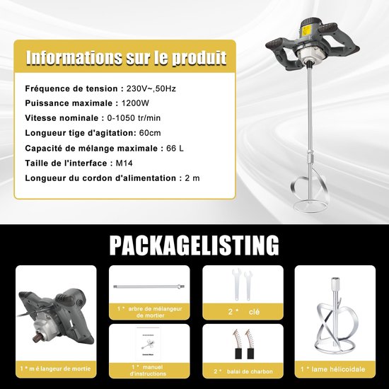 Handmixer Betonroerder - 1200 W Vermogen - 6 Versnellingen - M14 Spiraalstang 60 cm - Grijs - Voor Bouwmaterialen Menging — afbeelding 2