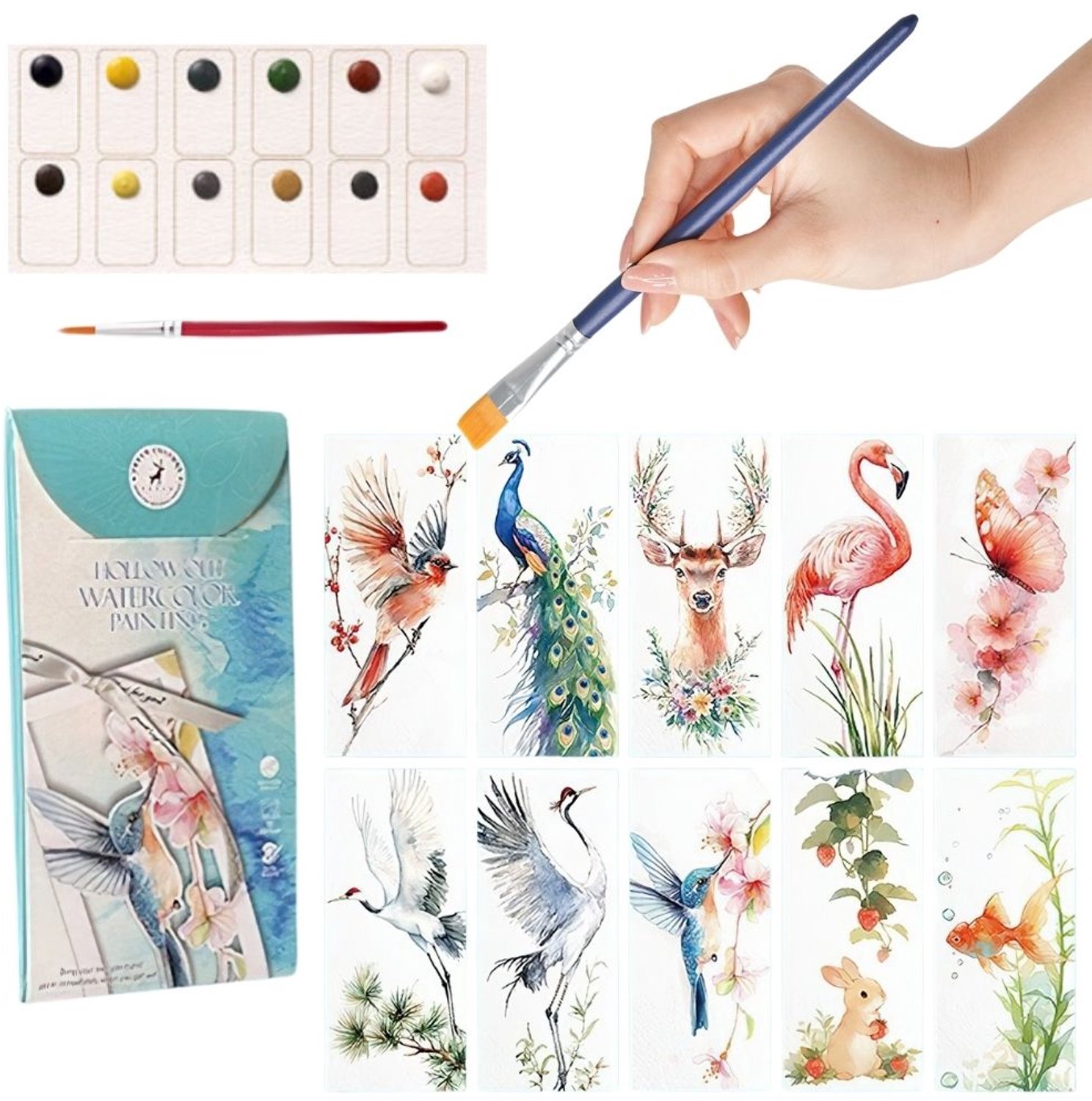 Ainy Aquarel verf set nummer 14 dieren boekenlegger voor kinderen en volwassenen | Waterverf pakket met aquarelpapier & penseel | Knutselen | Schilderen op kleurboek | Creatief DIY hobby | Tekenen & kunst schetsboek | Schilderset werkboek