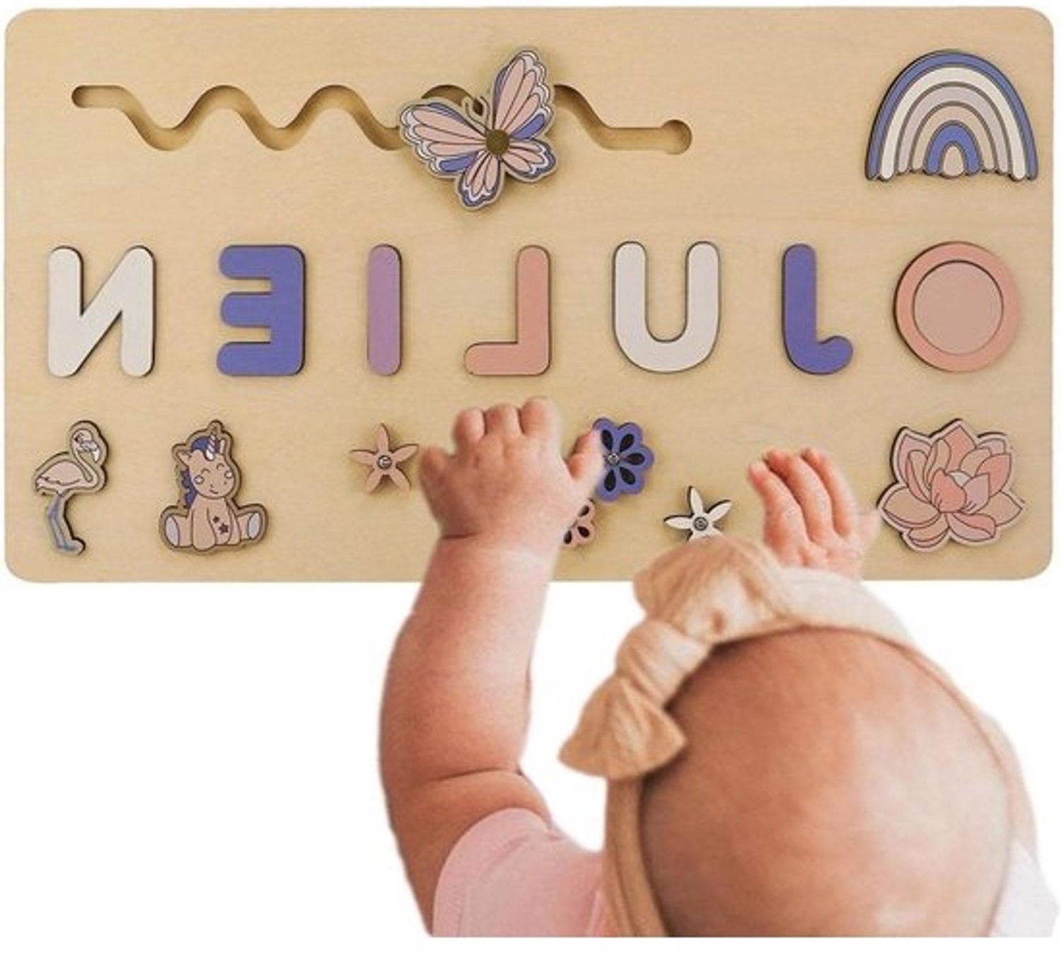 Houten letterpuzzel - Naampuzzel voor kinderen - Spelenderwijs leren - Helpt fijne motoriek oefenen - 20 x 30 cm - Blauw paars