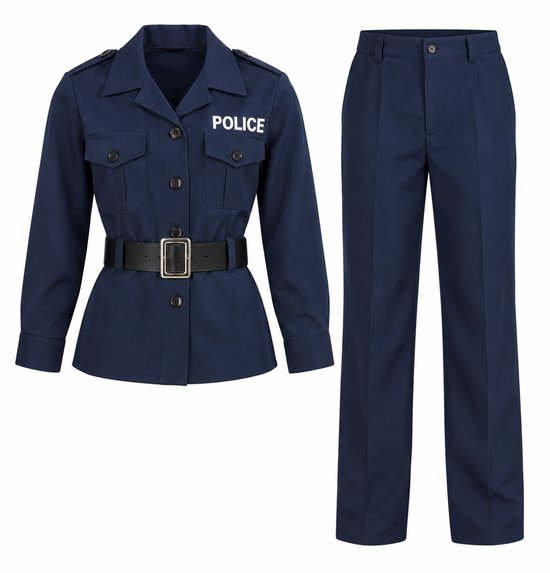 Donkerblauw politiekostuum voor kinderen met 'POLICE' opdruk, bestaande uit een jasje met riem en bijpassende broek.