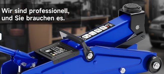 Blauwe hydraulische krik met de tekst 'Wir sind professionell, und Sie brauchen es'.
