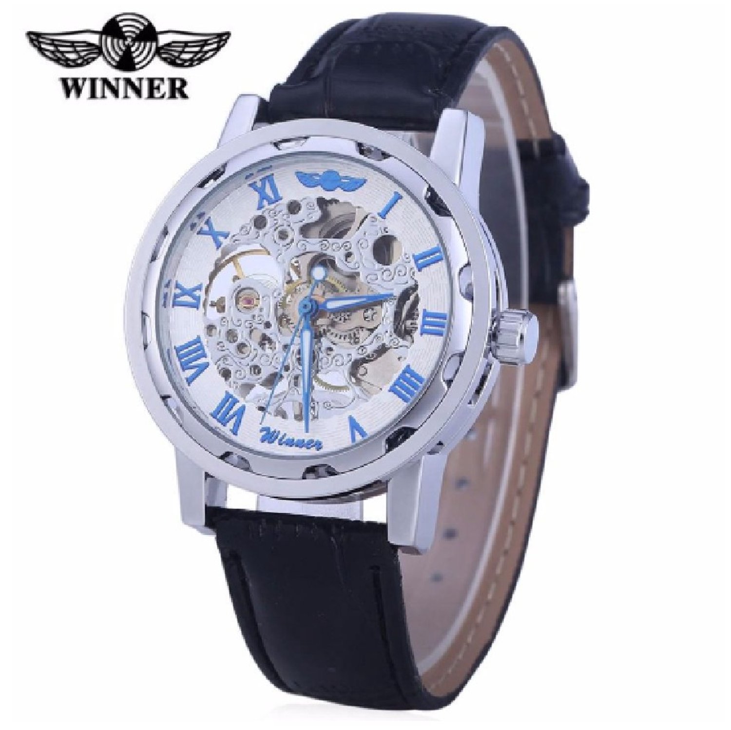 Winner - Automatisch horloge - Zwarte leren band - Maat klok 40 mm - Zilverkleurig met blauwe wijzers