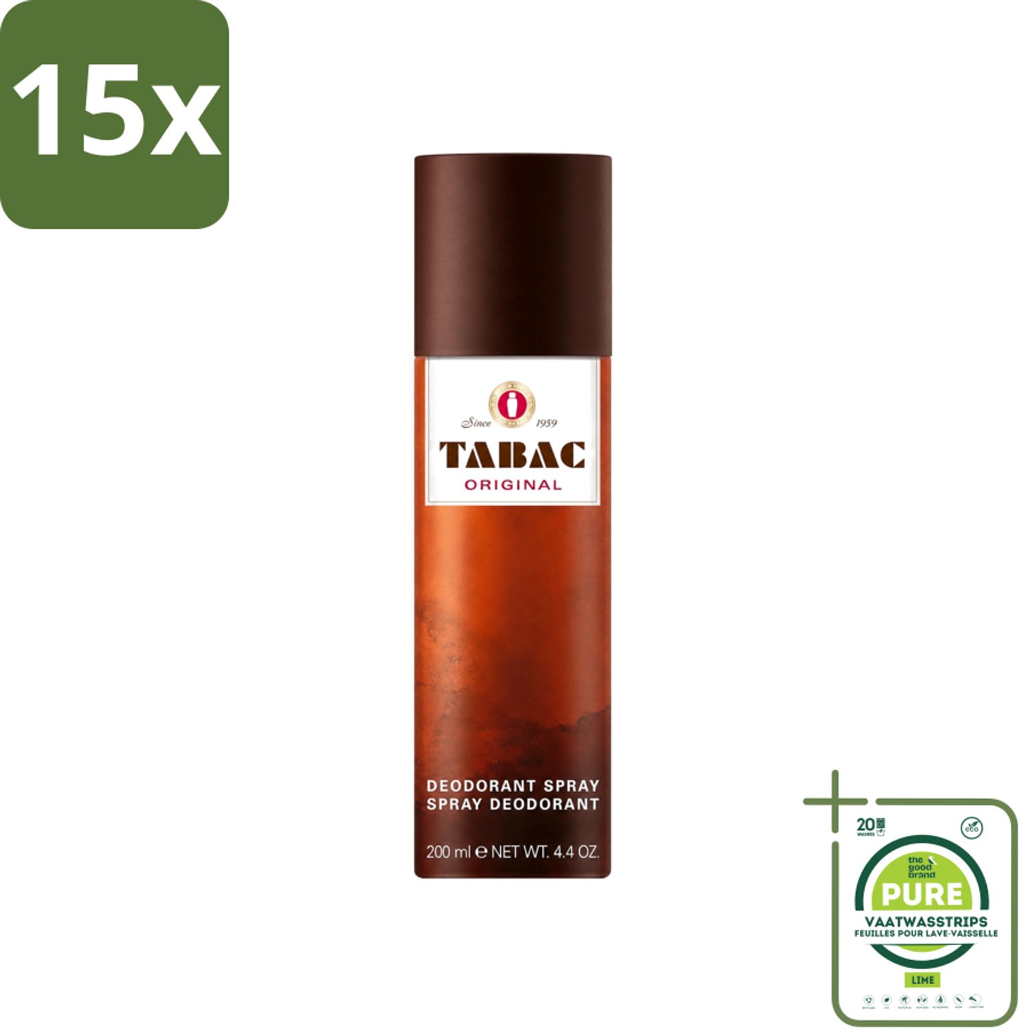 15 x Tabac Original - Deodorant Spray - Anti-transpirant - 200 ml - Grootverpakking - Vaatwasstrips - Deodorant Spray - Anti-transpirant - Zweetvermindering - Geur - Mannelijkheid