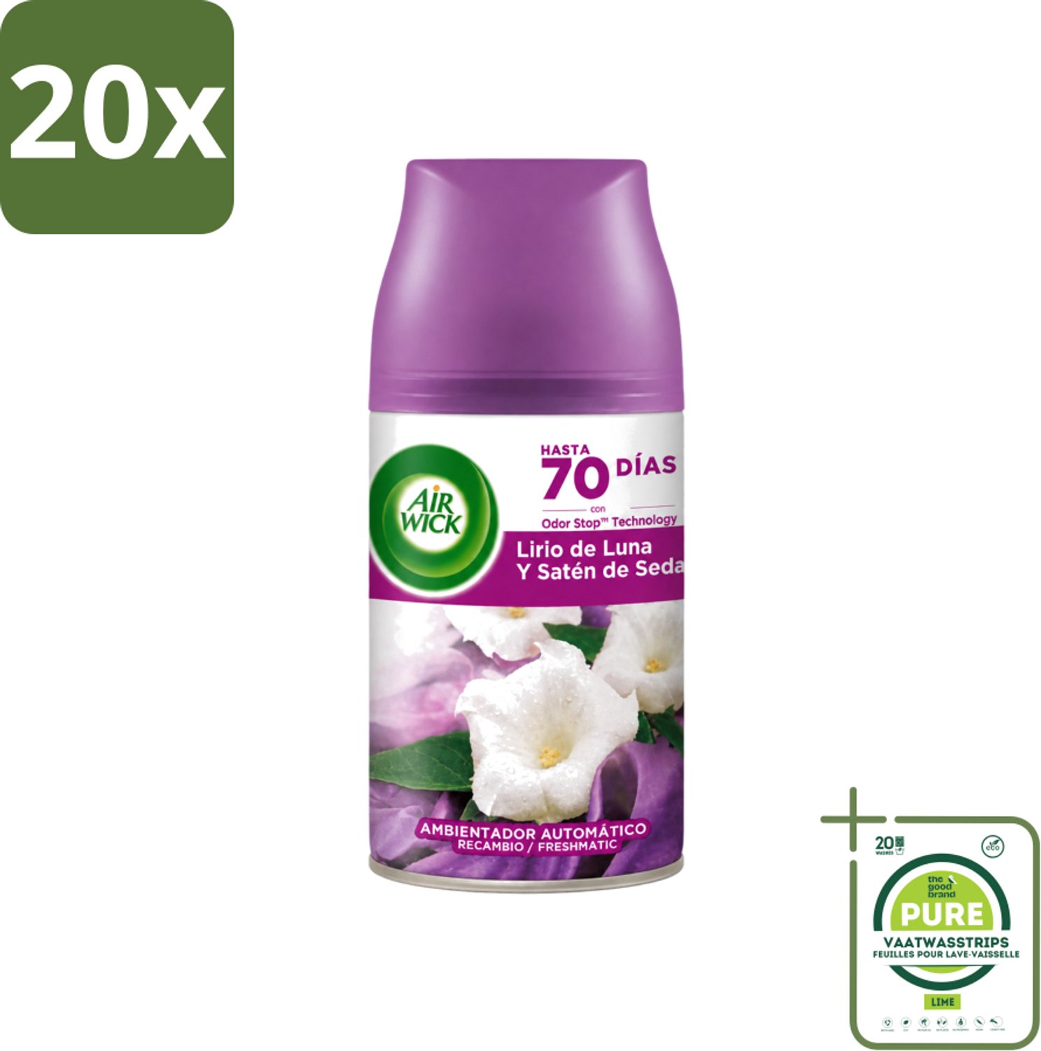 20 x Air Wick - Luchtverfrisser Navulling - Maan Lelie - Automatische Spray - 250 ml - Grootverpakking - Vaatwasstrips - Maanlelie Geur - Essentiële Oliën - Geurverspreiding - Frisse Geur - Geuren Verwijderen