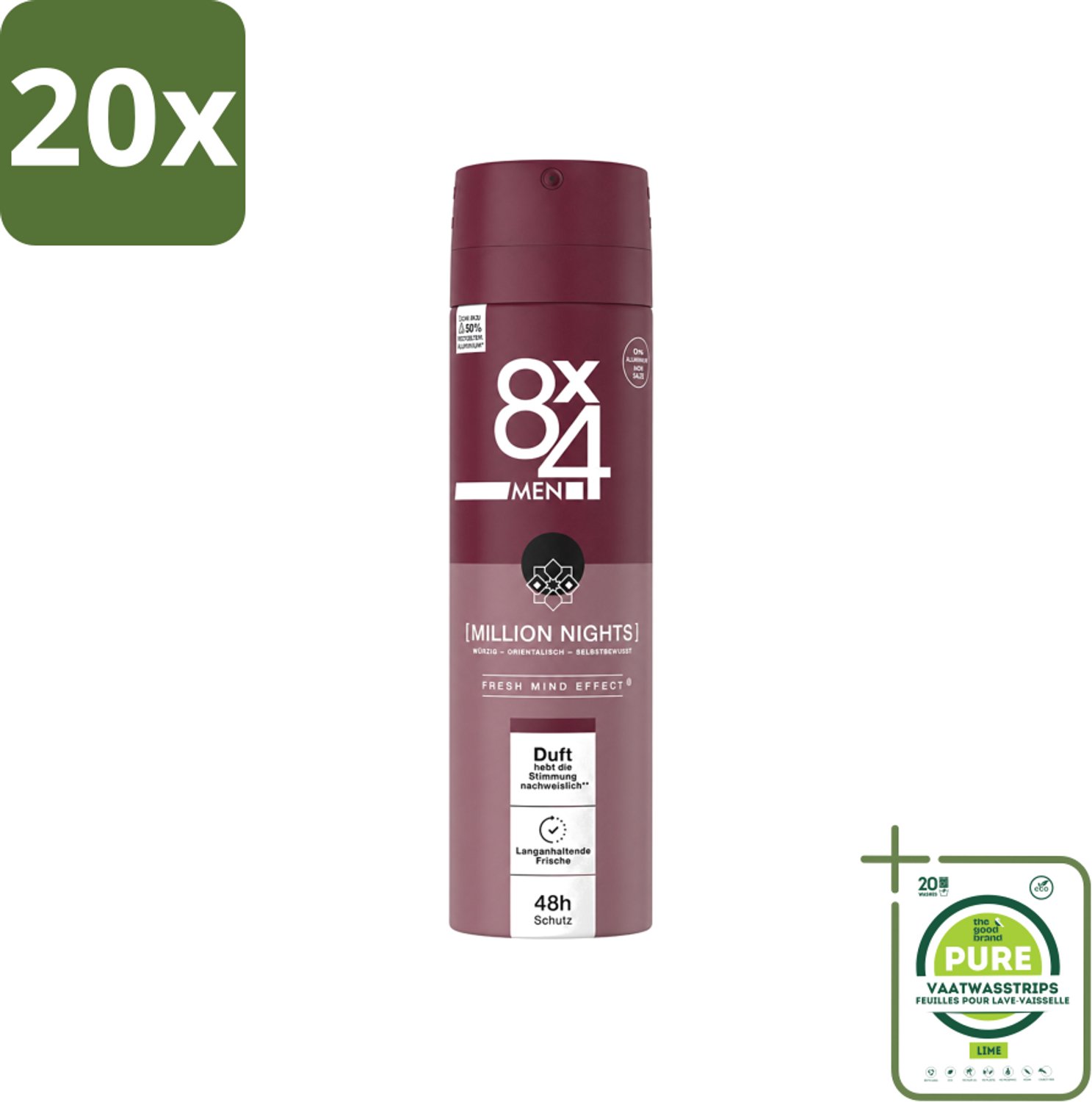 20 x 8 x 4 Deospray Men - No.18 Millions Nights - Deodorant - Voor Heren - 150 ml - Grootverpakking - Vaatwasstrips - Deodorant Voor Heren - Avondgeur - Zweetbestendig - Langdurige Geur - Mannelijke Geur
