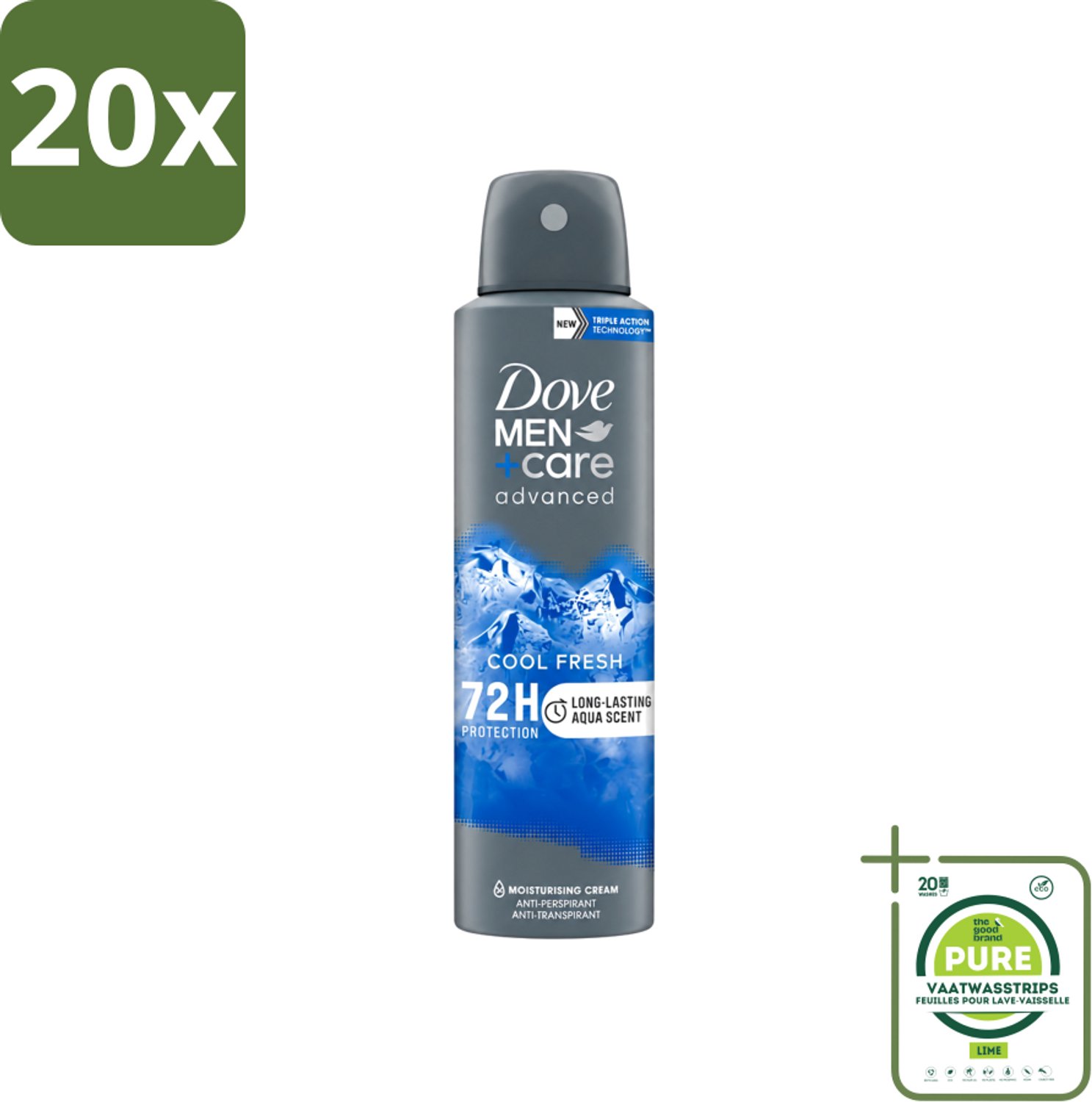 20 x Dove - Deodorant - Men Care Cool Fresh - Verfrissend en langdurige bescherming - 150 ml - Grootverpakking - Vaatwasstrips - Deodorant Spray - Zweetvermindering - Frisheid - Mannelijke Geur - Huidbescherming