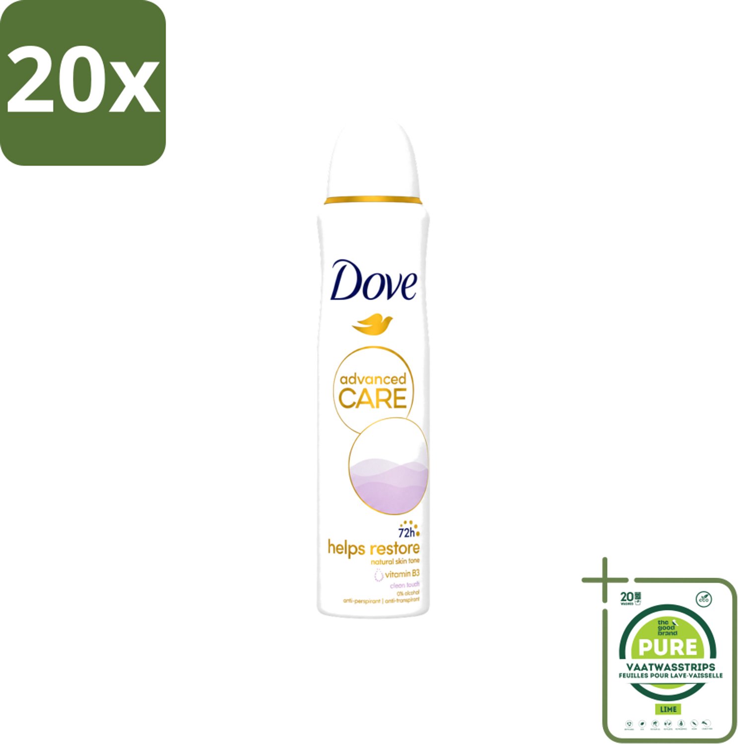 20 x Dove - Deodorant - Spray Clean Touch - Zachte geur en verzorging - 150 ml - Grootverpakking - Vaatwasstrips - Dove Deodorant Spray - Fris - Schoon - Comfortabel - Anti-transpirant