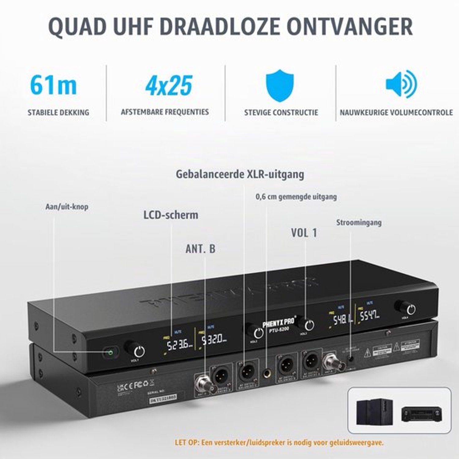 Draadloos Microfoonsysteem 4-Kanaals - UHF Instelbare Frequenties - 61 Meter Bereik - Grijs - Voor Karaoke En Live Optredens