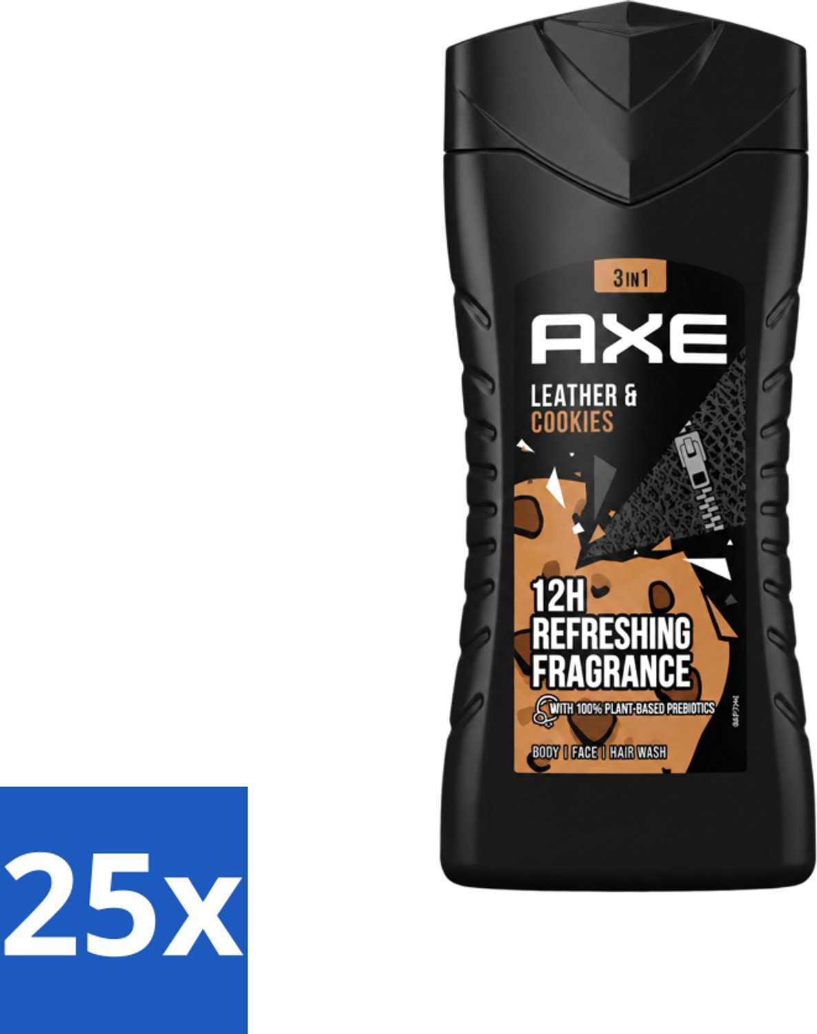 25 x Axe - 3-in-1 Douchegel - Leather & Cookies - 100% Plantaardig - 250 ml - Voordeelverpakking - 25 stuks