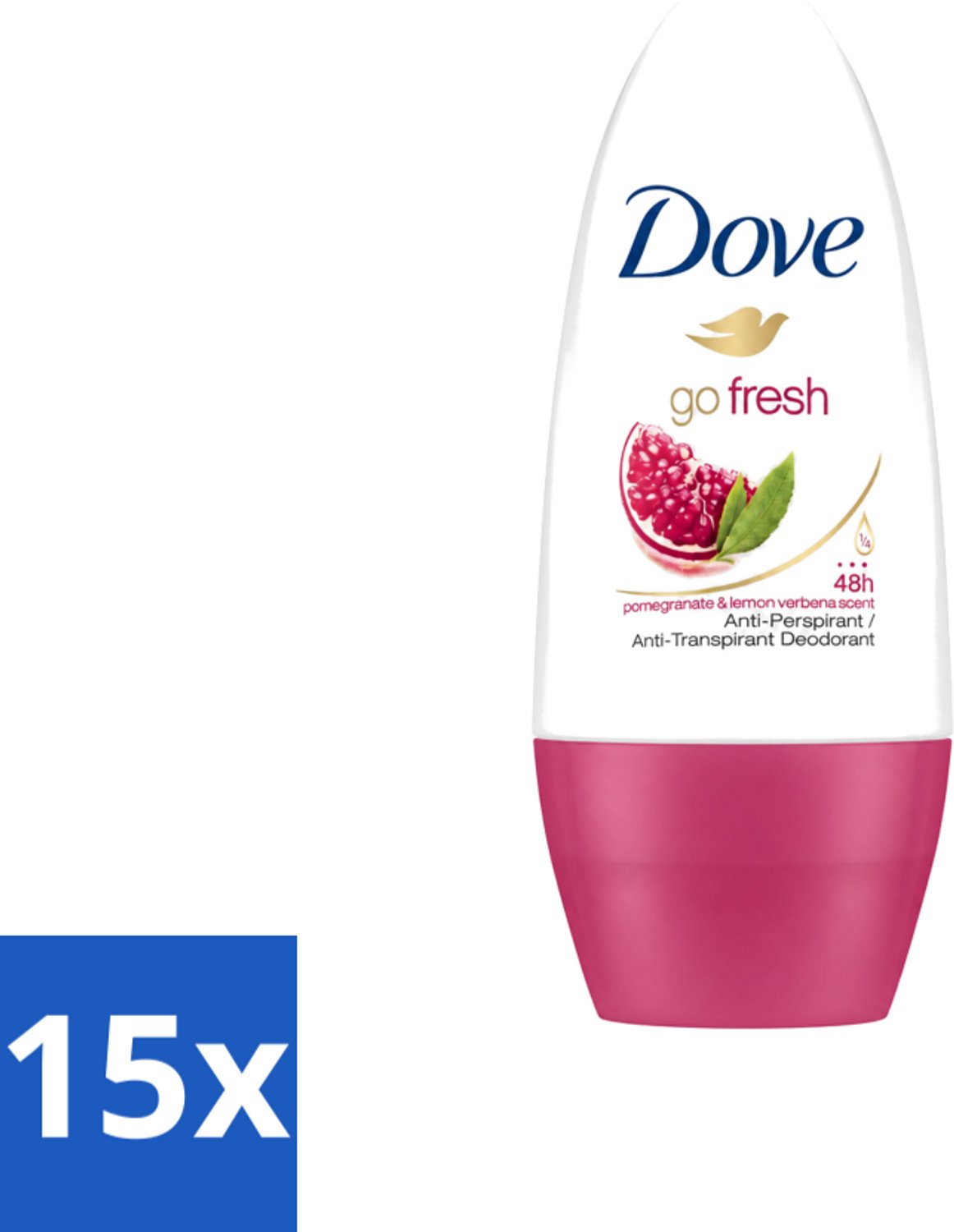 15 x Dove - Deodorant - Roll-on Go Fresh Granaatappel - Frisse geur - 50 ml - Voordeelverpakking - 15 stuks