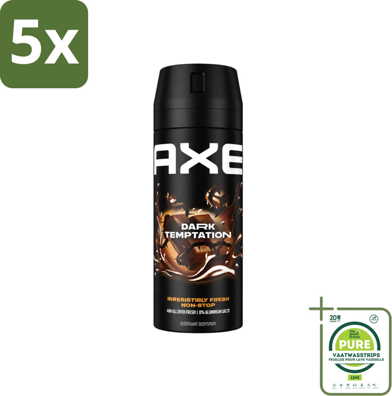 5 x Axe - Deodorant Bodyspray - 48hrs Non Stop Fresh - Dark Temptation - Dark Chocolate - 150 ml - Grootverpakking - Vaatwasstrips - Deodorant Bodyspray - Geurbeheersing - Frisheid - Lichaamsgeur - Donkere Chocolade
