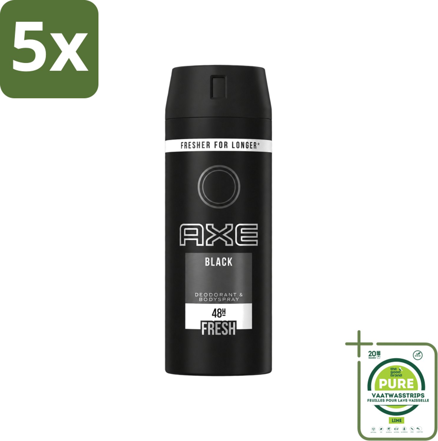 5 x Axe - Deodorant Bodyspray - 48hrs Fresh - Black - 150 ml - Grootverpakking - Vaatwasstrips - Axe Deo - Zweetgeur - Bodyspray - Anti-transpirant - Sandelhout