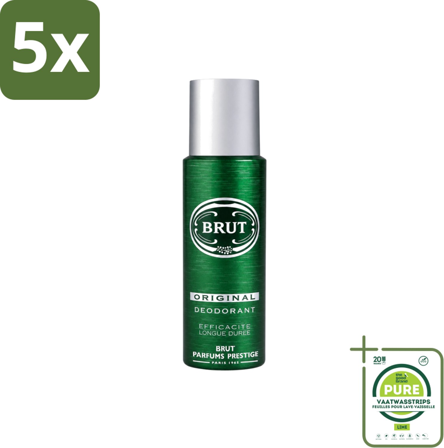 5 x Brut - Deodorant - Spray - Original - Langdurige frisheid - 200ml - Grootverpakking - Vaatwasstrips - Deodorant Spray - Lichaamsgeur - Zweetvermindering - Frisheid - Mannelijke Geur