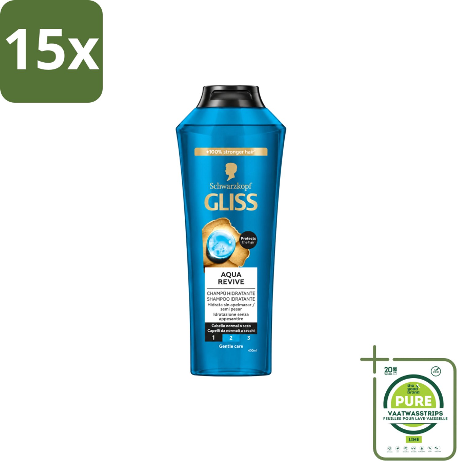 15 x Gliss-Kur - Shampoo - Aqua Revive - Verfrist & Hydrateert - 400 ml - Grootverpakking - Vaatwasstrips - Haar Reinigen - Haar Hydrateren - Haar Verfrissen - Hyaluronzuur Shampoo - Haar Verzorgen