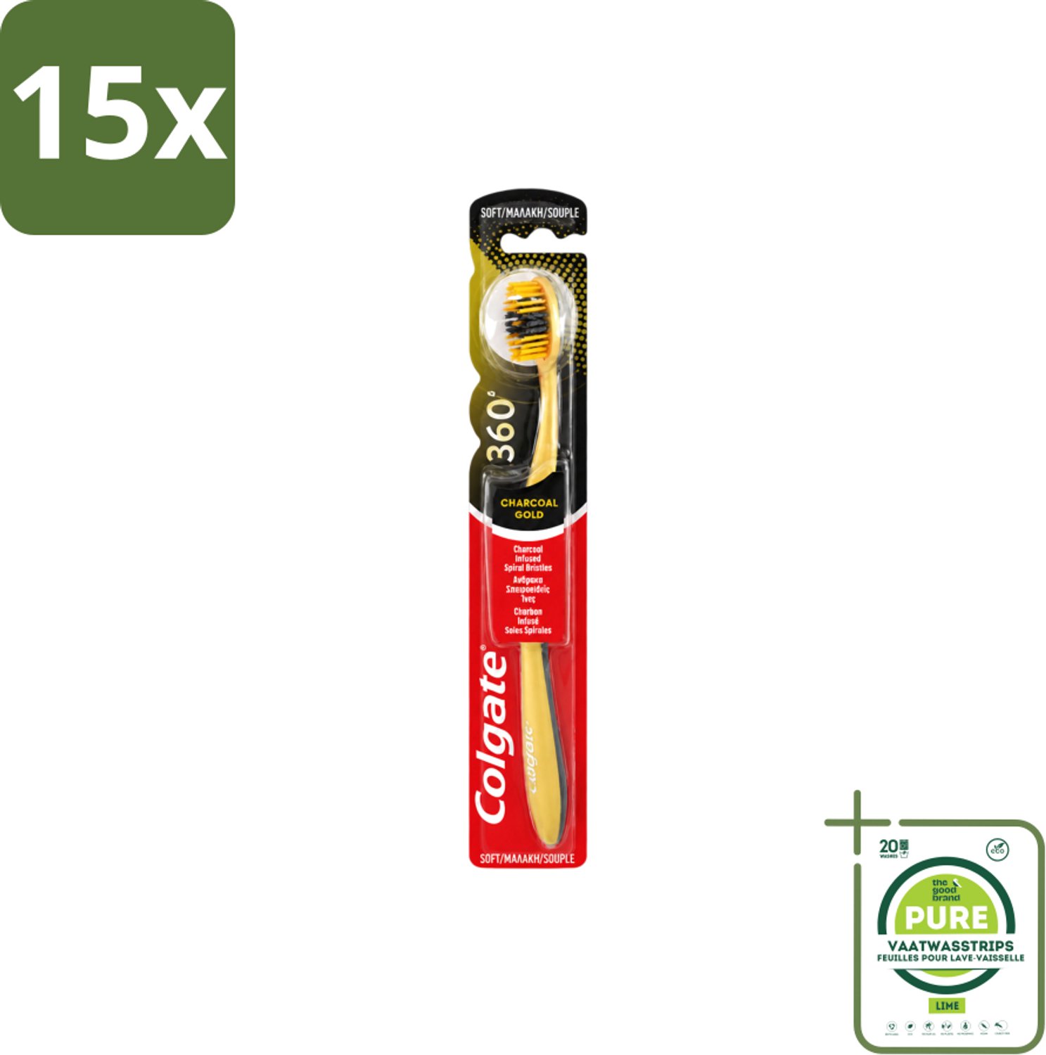15 x Colgate - Tandenborstel - 360 Charcoal Gold Soft - Zwart/Goud - 1 Tandenborstel - Grootverpakking - Vaatwasstrips - Tandenborstel - Houtskool - Tanden Reinigen - Tanden Witter Maken - Tandenborstel Houtskool