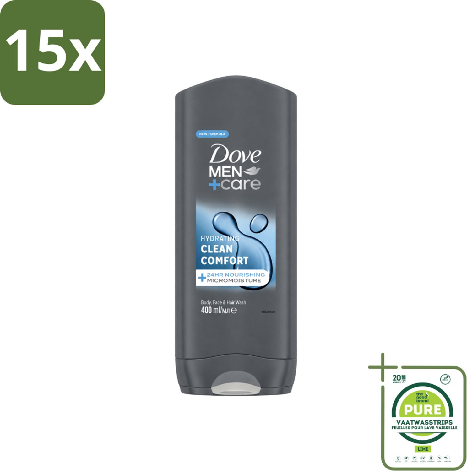 15 x Dove - Douchegel - Men+ Care Clean Comfort - Comfort en verzorging - 400 ml - Grootverpakking - Vaatwasstrips - Douchegel - Mannelijke Geur - Verfrissend - Energie - Reiniging