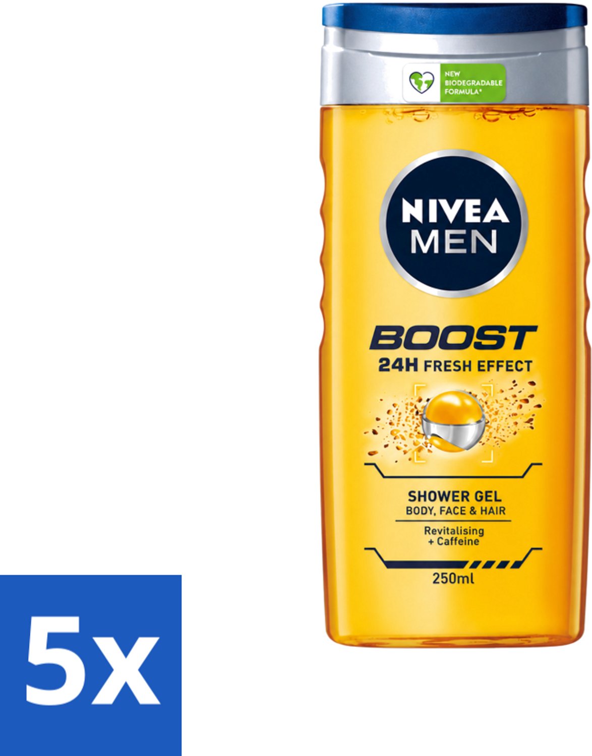 5 x Nivea - Men - Boost Douchegel - 24 Uur Lang Effect - 250 ml - Voordeelverpakking - 5 stuks