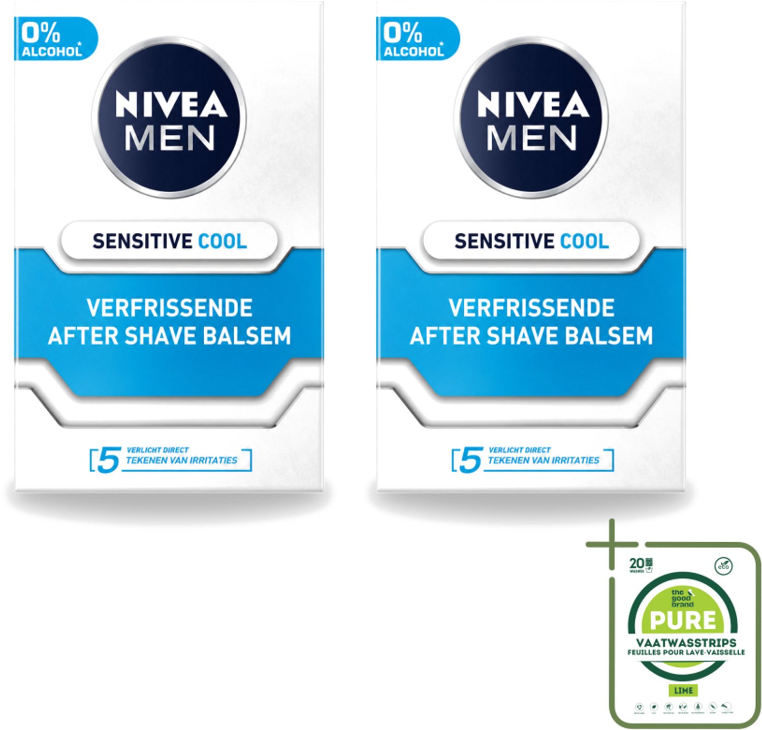 2 x Nivea - Men - Sensitive Cool Aftershave Balsem - Zeewierextract & Kamille - Alcoholvrij - 100 ml - Grootverpakking - Vaatwasstrips - Aftershave Balsem - Alcoholvrij Aftershave - Gevoelige Huid - Scheren Na - Roodheid Verminderen