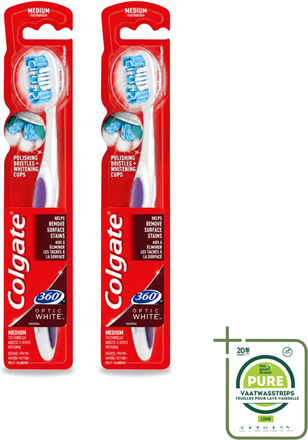 2 x Colgate - Tandenborstel - 360 Optic White Medium- Wit - 1 Tandenborstel - Grootverpakking - Vaatwasstrips - Tandenborstel - Tanden Reinigen - Wittere Tanden - Mondverzorging - Tong Reinigen
