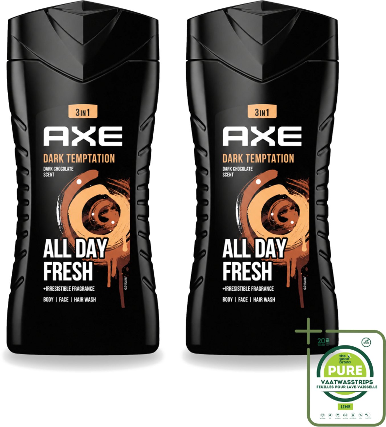 2 x Axe - 3-in-1 Douchegel - Dark Temptation - Dark Chocolate - 250 ml - Grootverpakking - Vaatwasstrips - Douchegel - Chocolade - 3-in-1 - Lichaam - Gezicht