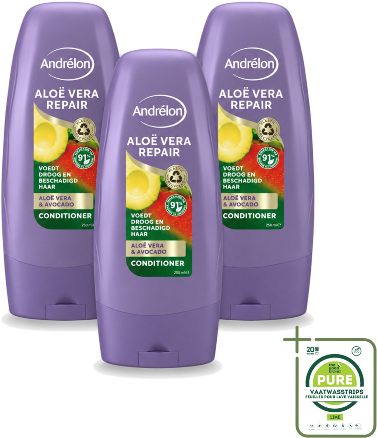 3 x Andrélon - Aloe Vera Repair - Conditioner - Verzachtend & Herstellend - 250 ml - Grootverpakking - Vaatwasstrips - Haarherstel - Haarverzorging - Droog Haar - Beschadigd Haar - Aloe Vera