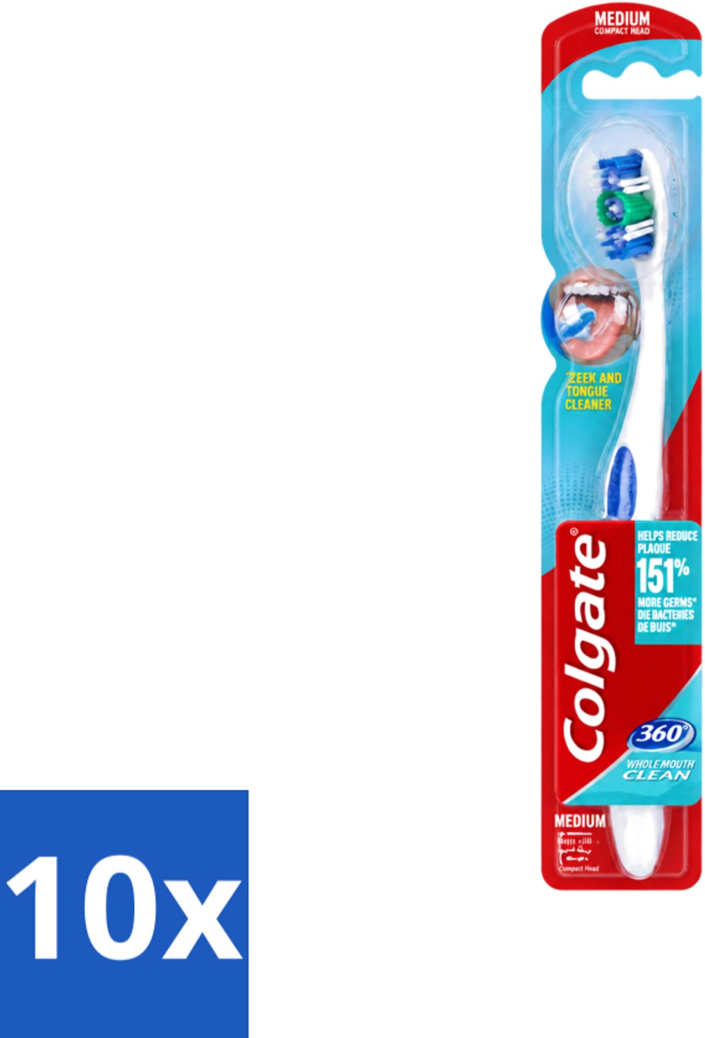 10 x Colgate - Tandenborstel - 360 Whole Mouth Clean Medium - Wit/Blauw - 1 Tandenborstel - Voordeelverpakking - 10 stuks