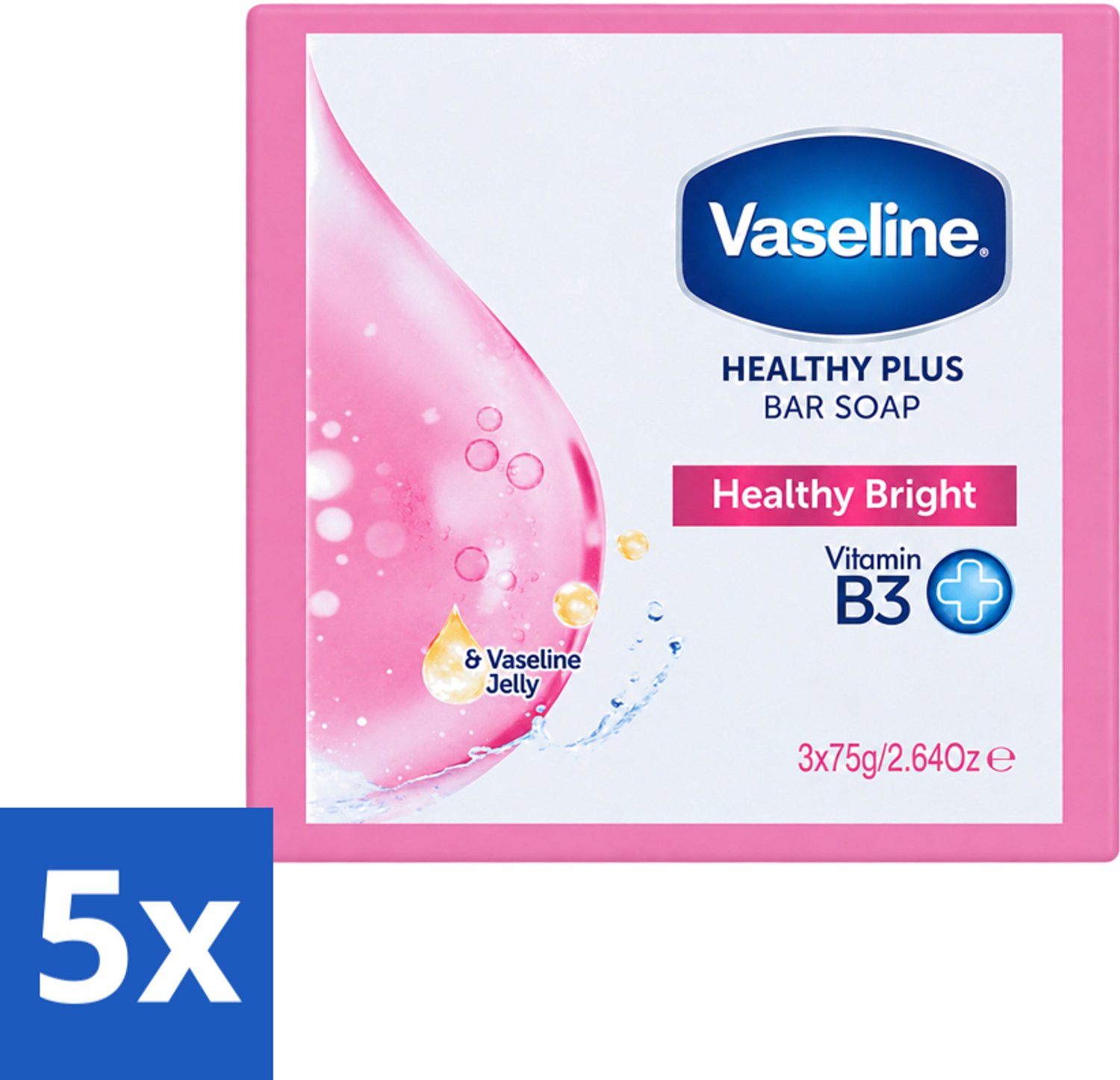 5 x Vaseline - Healthy Bright - Zeeptablet - Reinigend & Verzorgend - 3x75 ml - Voordeelverpakking - 5 stuks