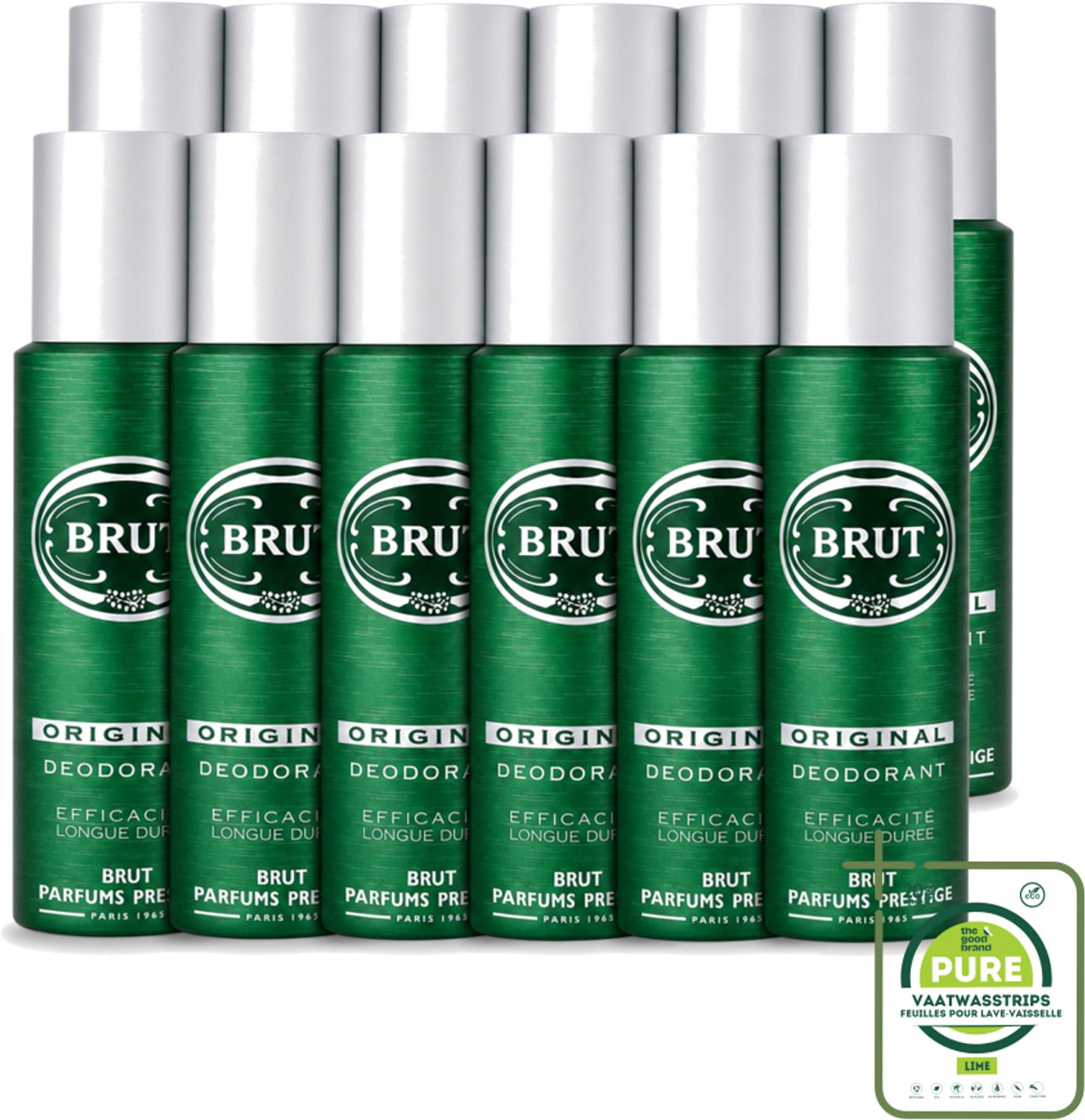 12 x Brut - Deodorant - Spray - Original - Langdurige frisheid - 200ml - Grootverpakking - Vaatwasstrips - Deodorant Spray - Lichaamsgeur - Zweetvermindering - Frisheid - Mannelijke Geur