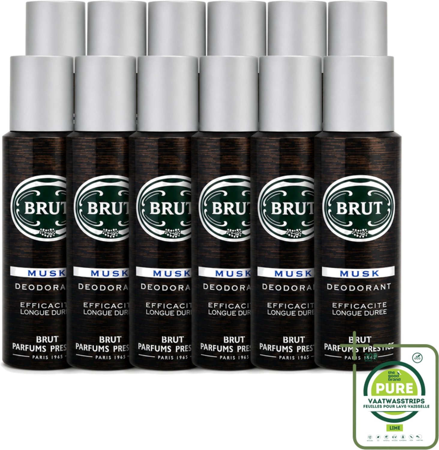 12 x Brut - Deodorant - Spray - Musk - Klassieke mannengeur - 200ml - Grootverpakking - Vaatwasstrips - Deodorant Spray - Muskus Geur - Mannelijke Geur - Lichaamsgeur Bescherming - Frisheid