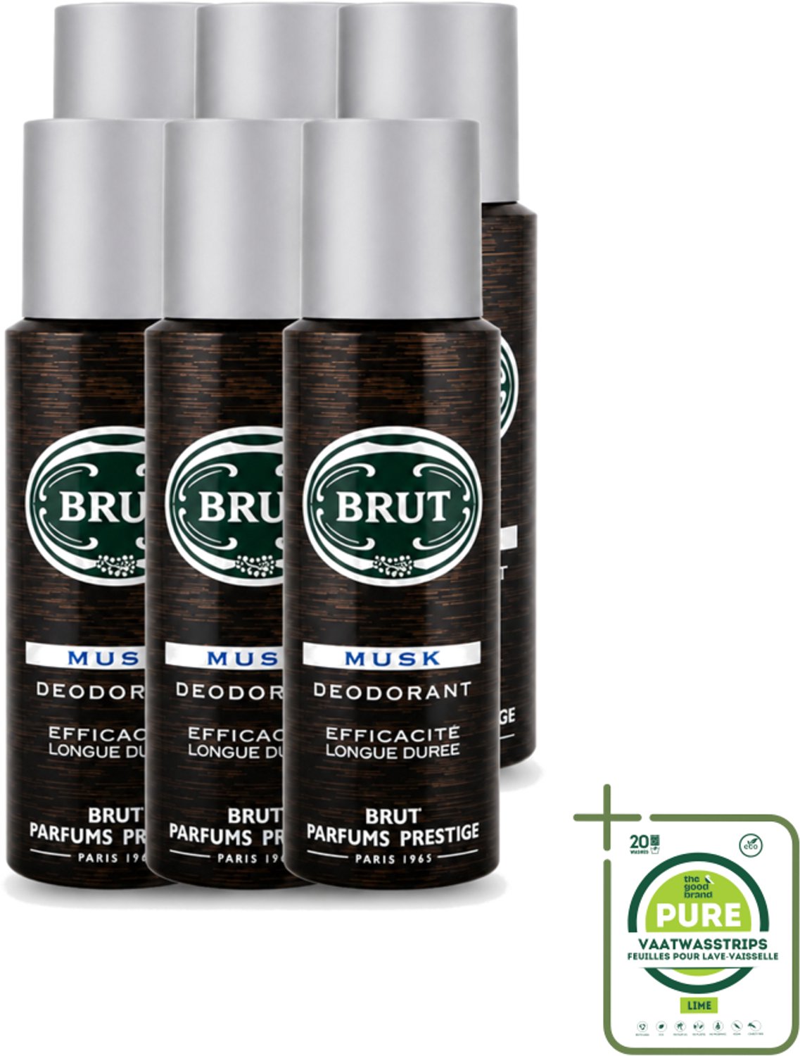 6 x Brut - Deodorant - Spray - Musk - Klassieke mannengeur - 200ml - Grootverpakking - Vaatwasstrips - Deodorant Spray - Muskus Geur - Mannelijke Geur - Lichaamsgeur Bescherming - Frisheid