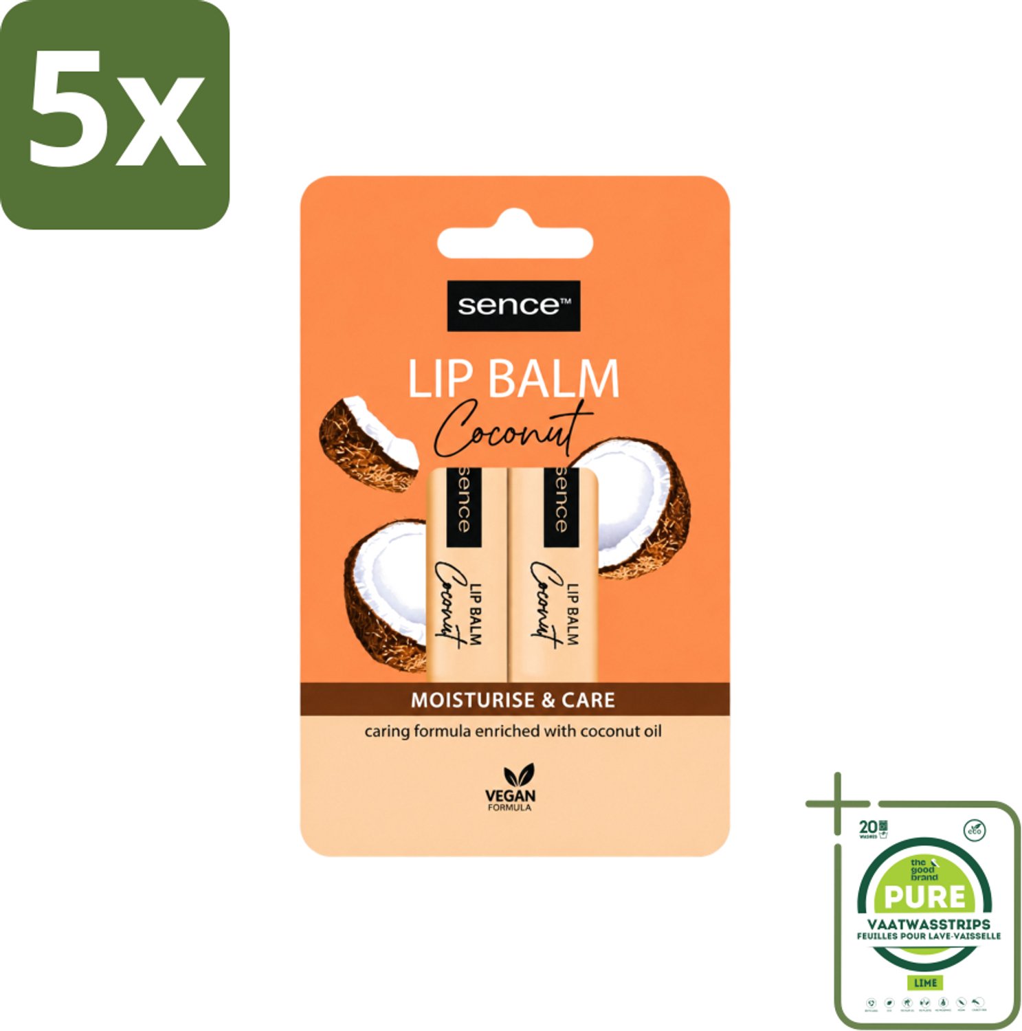 5 x Sence - Moisturise & Care - Lippenbalsem Duo - Verzorgend - 2 x 4,3 g - Grootverpakking - Vaatwasstrips - Lippenbalsem - Kokos - Lippenverzorging - Hydraat - Bescherming