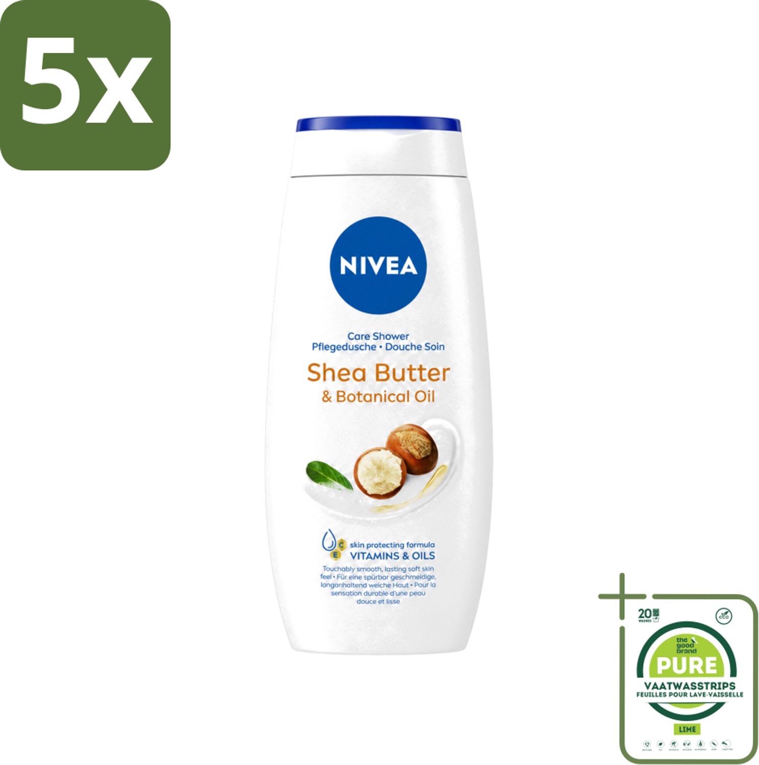 5 x Nivea - Douchegel - Shea Butter & Botanical Oil - 250 ml - Grootverpakking - Vaatwasstrips - Douchegel - Shea Butter - Natuurlijke Olie - Huid Verzorging - PH Neutraal