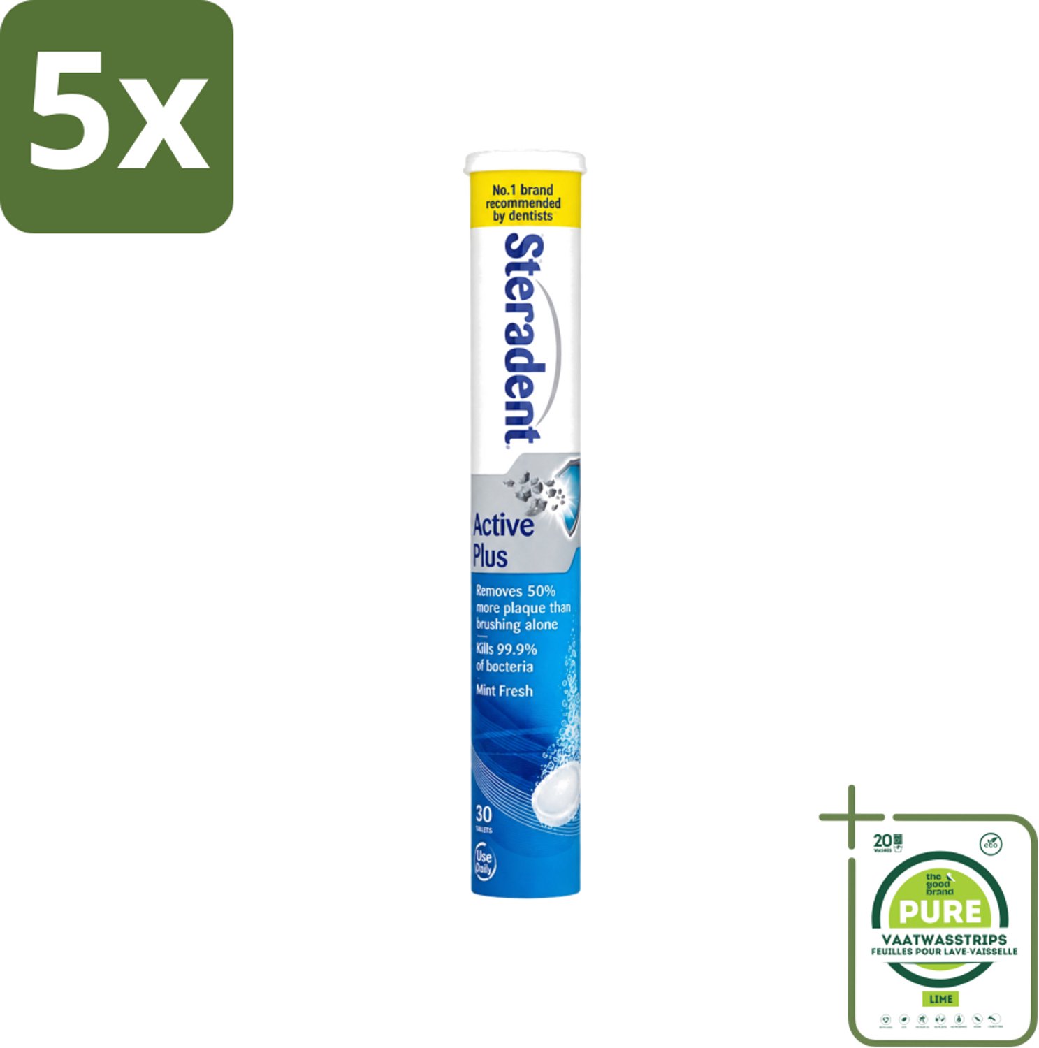 5 x Steradent - Reinigingstabletten - Active Plus - Tegen Tandsteen & Bacteriën - 30 Tabletten - Grootverpakking - Vaatwasstrips - Kunstgebit Reinigen - Tandsteen Verwijderen - Mondhygiëne - Bacteriën Doden - Adem Verfrissen
