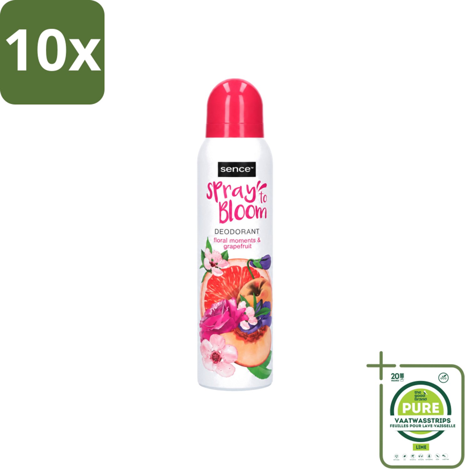 10 x Sence - Floral & Grapefruit - Deodorant - Fris & Fruitig - 150 ml - Grootverpakking - Vaatwasstrips - Frisheid - Fruitige Geur - Deodorant - Bloemige Geur - Grapefruit
