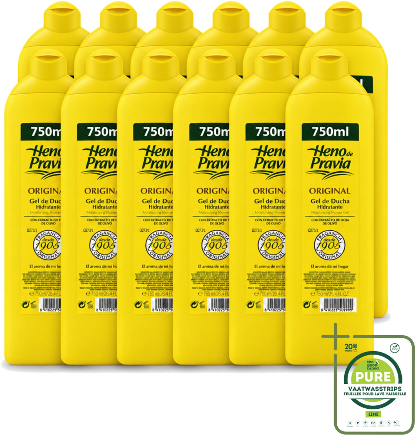 12 x Heno De Pravia - Douchegel - Original Geur - 750 ml - Grootverpakking - Vaatwasstrips - Douchegel - Huid Verzorging - Frisheid - Spaanse Geur - Mild Reinigen