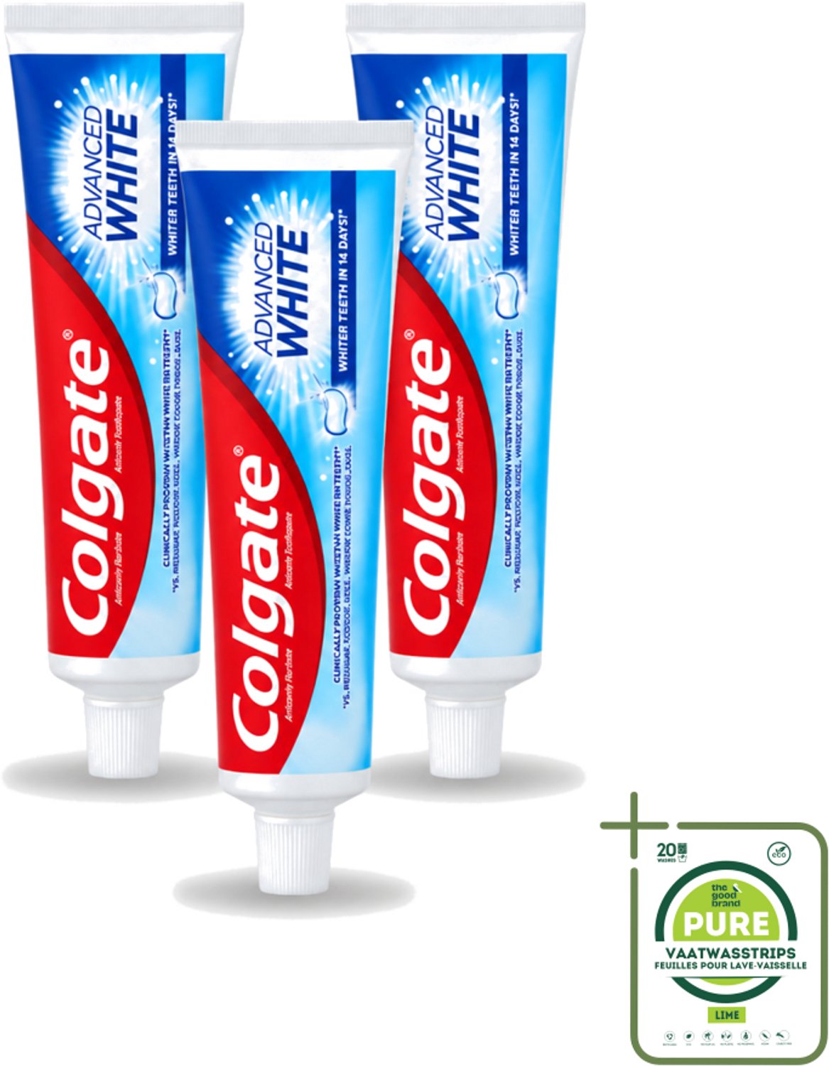 3 x Colgate - Advanced White - Tandpasta - 100ml - Grootverpakking - Vaatwasstrips - Tandpasta - Witte Tanden - Vlekverwijdering - Tandbederf - Gaatjes