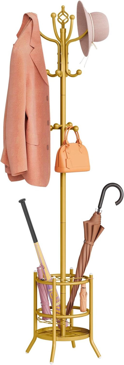 Lux Staande Kapstok met Parapluhouder - Donkerbruin Metaal - 12+4 Haken - Verstelbare Voetjes "Goud"