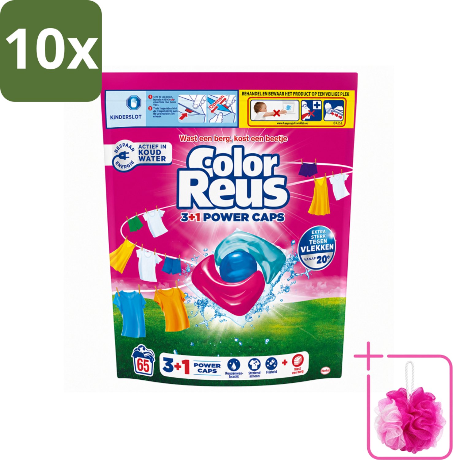 10 x Color Reus - 3+1 Power Caps - Gekleurde Was - 65 Wasbeurten - Bulkverpakking - Kleurbehoud - Douchemop - Wasresultaten