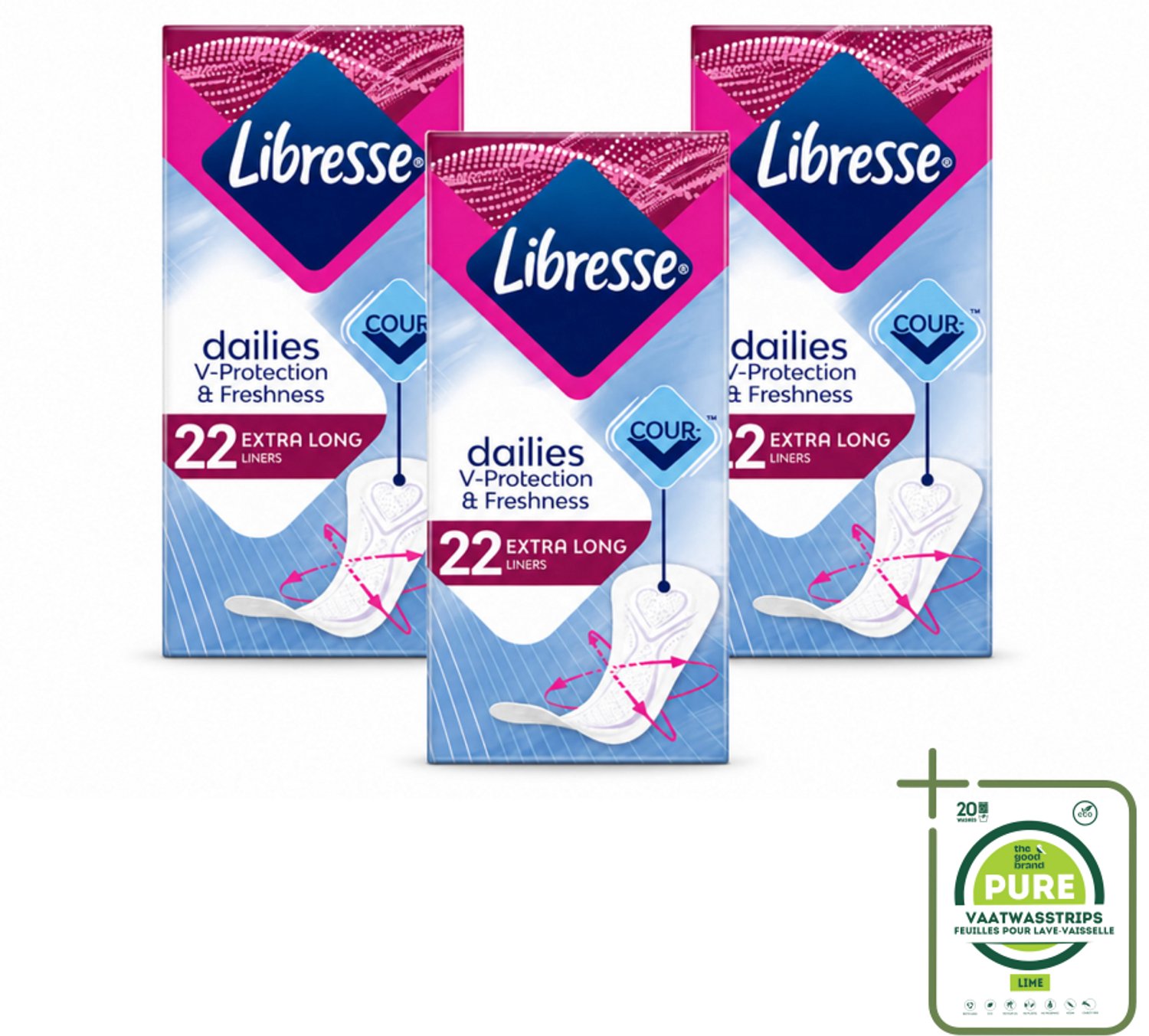 3 x Libresse – Inlegkruisjes – Extra Long – Langdurige bescherming – 22 Inlegkruisjes - Grootverpakking - Vaatwasstrips - Inlegkruisjes - Extra Lang - Bescherming - Comfort - Absorberend
