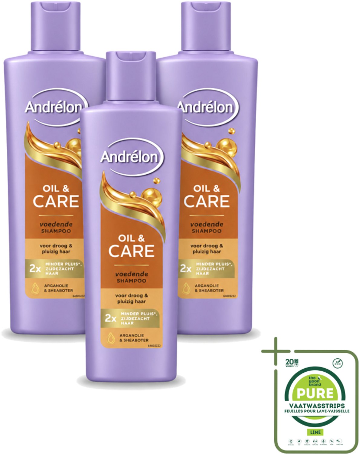 3 x Andrélon – Shampoo – Oil & Care – 250 ml - Grootverpakking - Vaatwasstrips - Droog Haar - Pluis - Haar Verzorging - Haar Voeding - Arganolie
