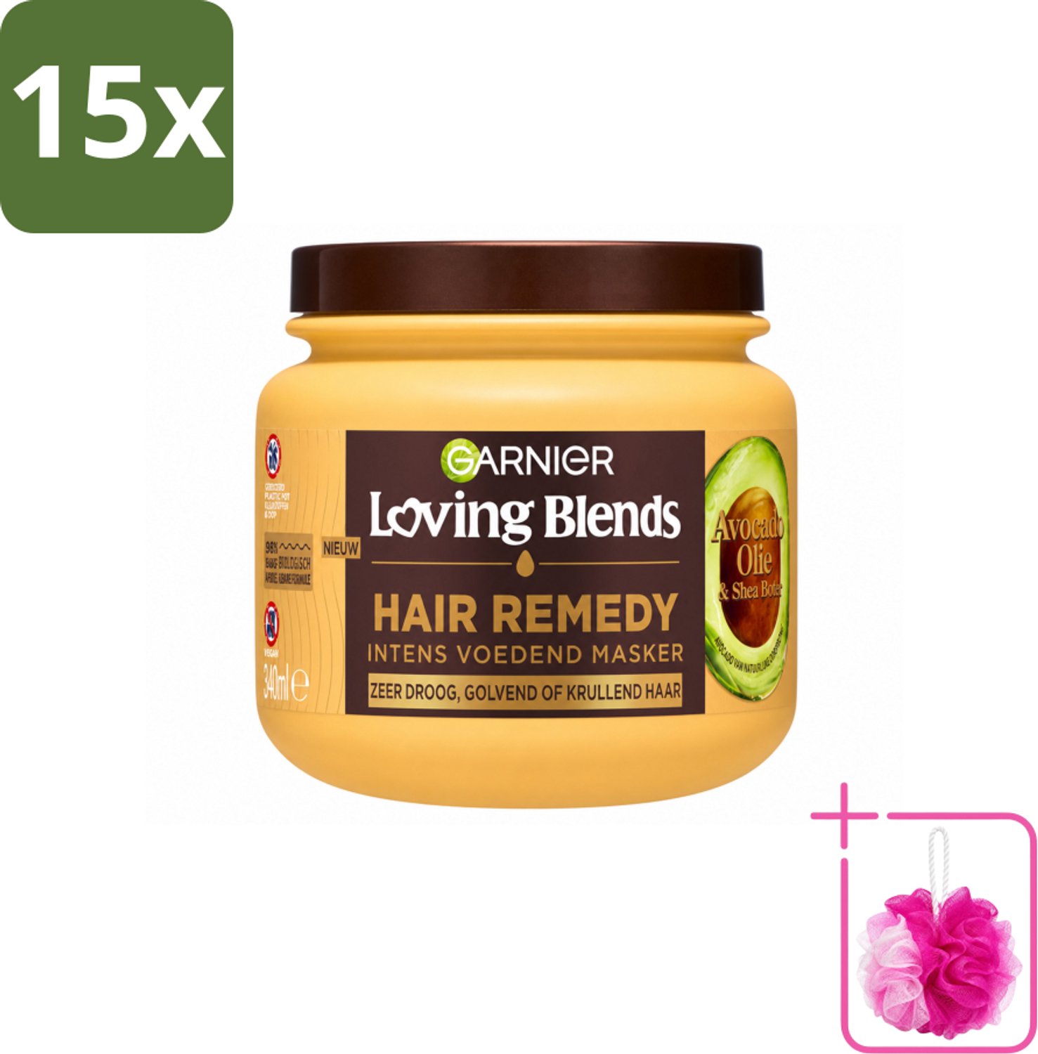 15 x Garnier - Loving Blends - Haarmasker - Avocado Olie & Shea Boter - Ultra Voedend - Golvend & Krullend Haar - 340 ml - Bulkverpakking - Haarmasker - Douchemop - Avocado olie