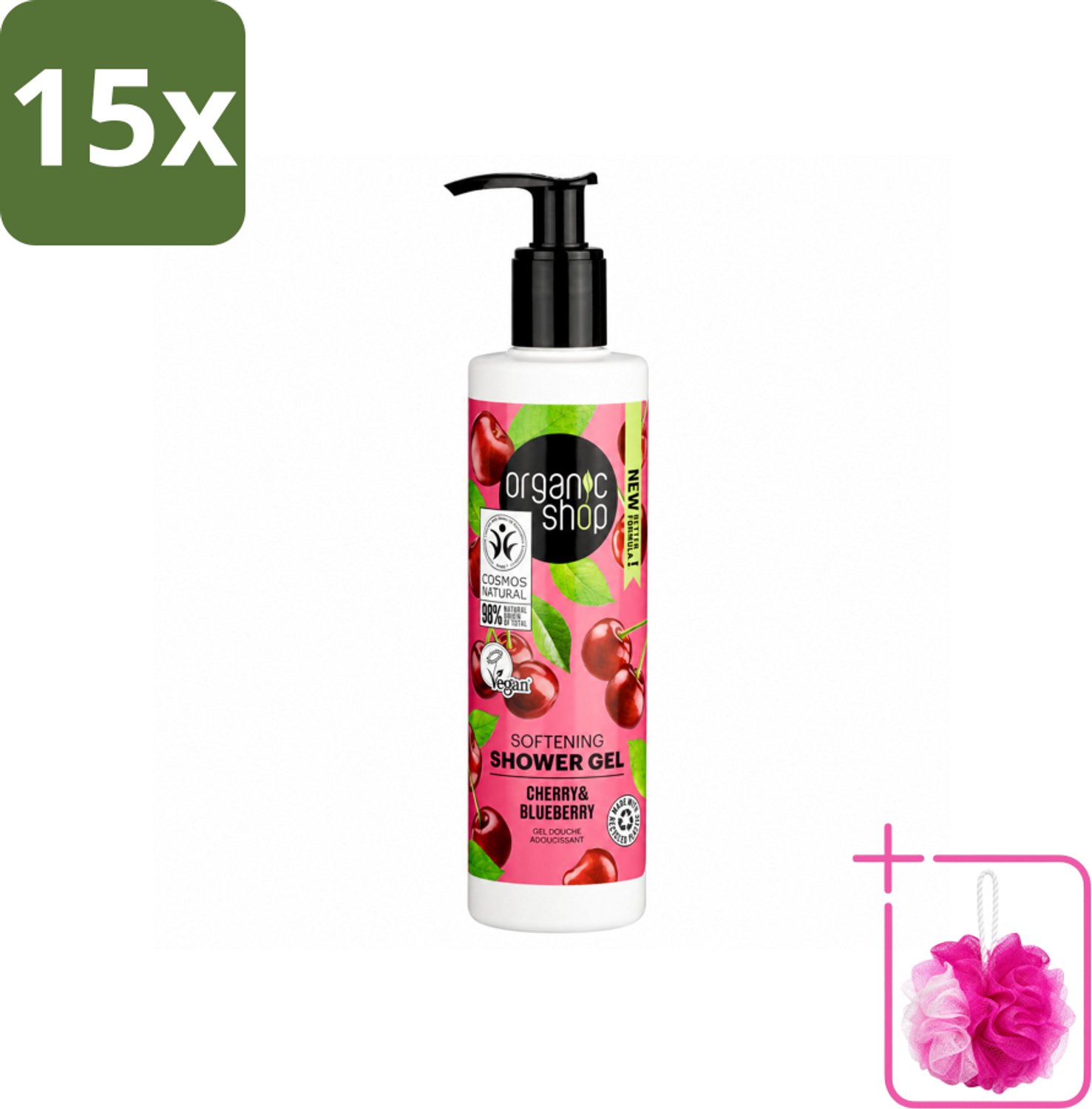 15 x Organic Shop - Douchegel Cherry & Blueberry - Verfrissend en Hydraterend - 280 ml - Bulkverpakking - Douchegel - Douchemop - Natuurlijke douchegel