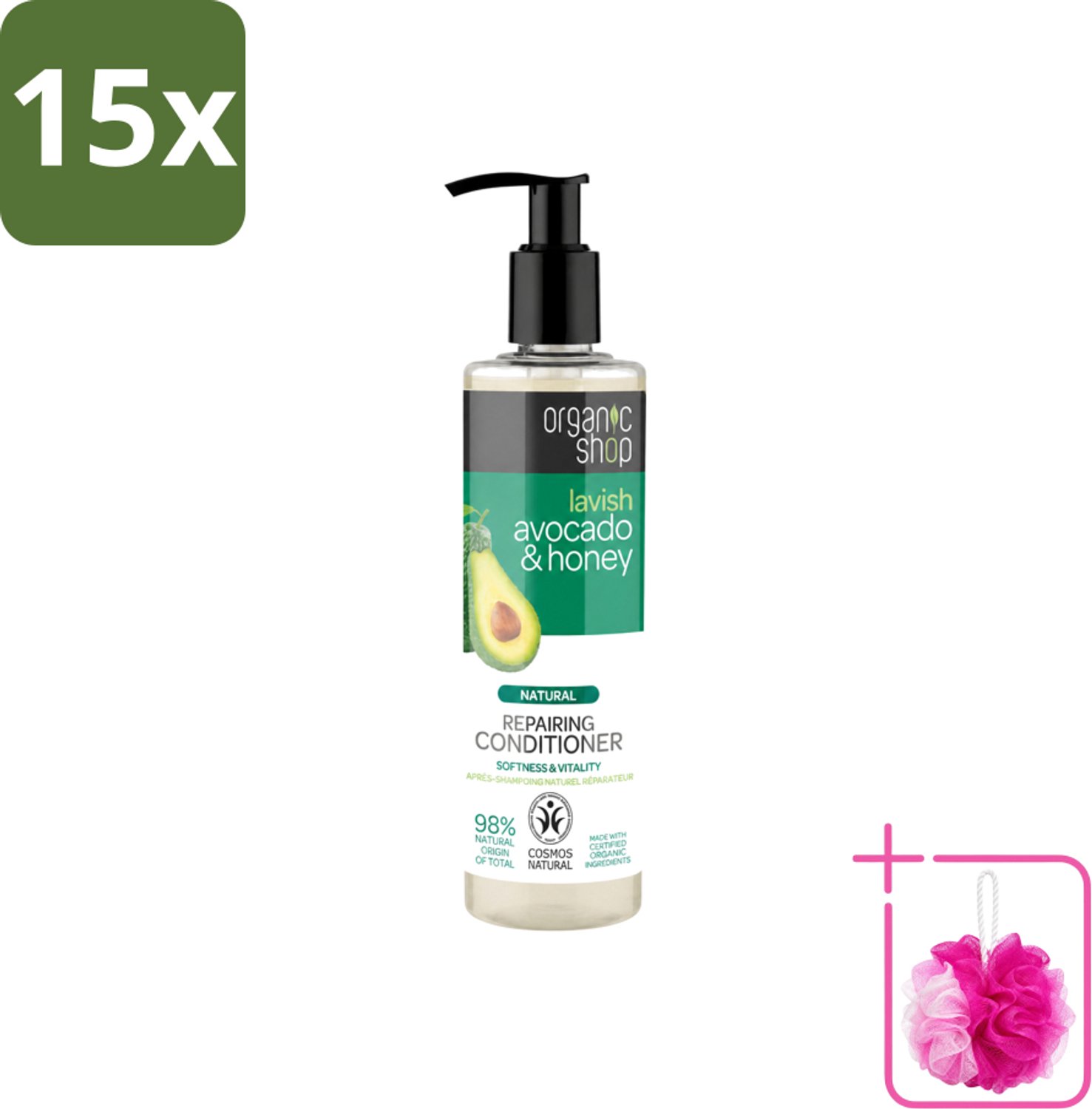15 x Organic Shop - Natural Repairing Conditioner - Avocado & Honey - 280 ml - Bulkverpakking - Herstel haar - Douchemop - Natuurlijke conditioner
