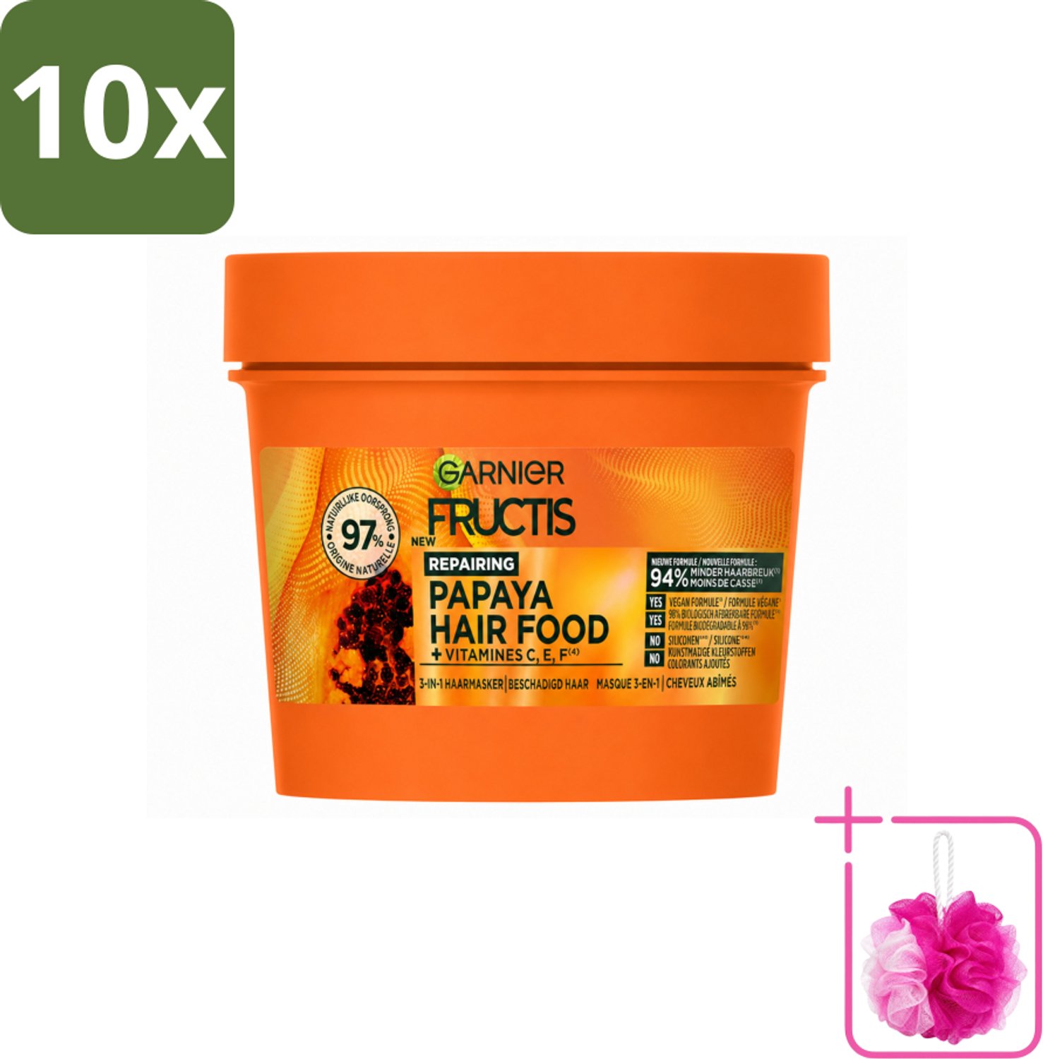 10 x Garnier - Fructis Hair Food Papaya - 3-in-1 Haarmasker - Beschadigd Haar - 400 ml - Bulkverpakking - Haarmasker - Douchemop - Haarvoeding